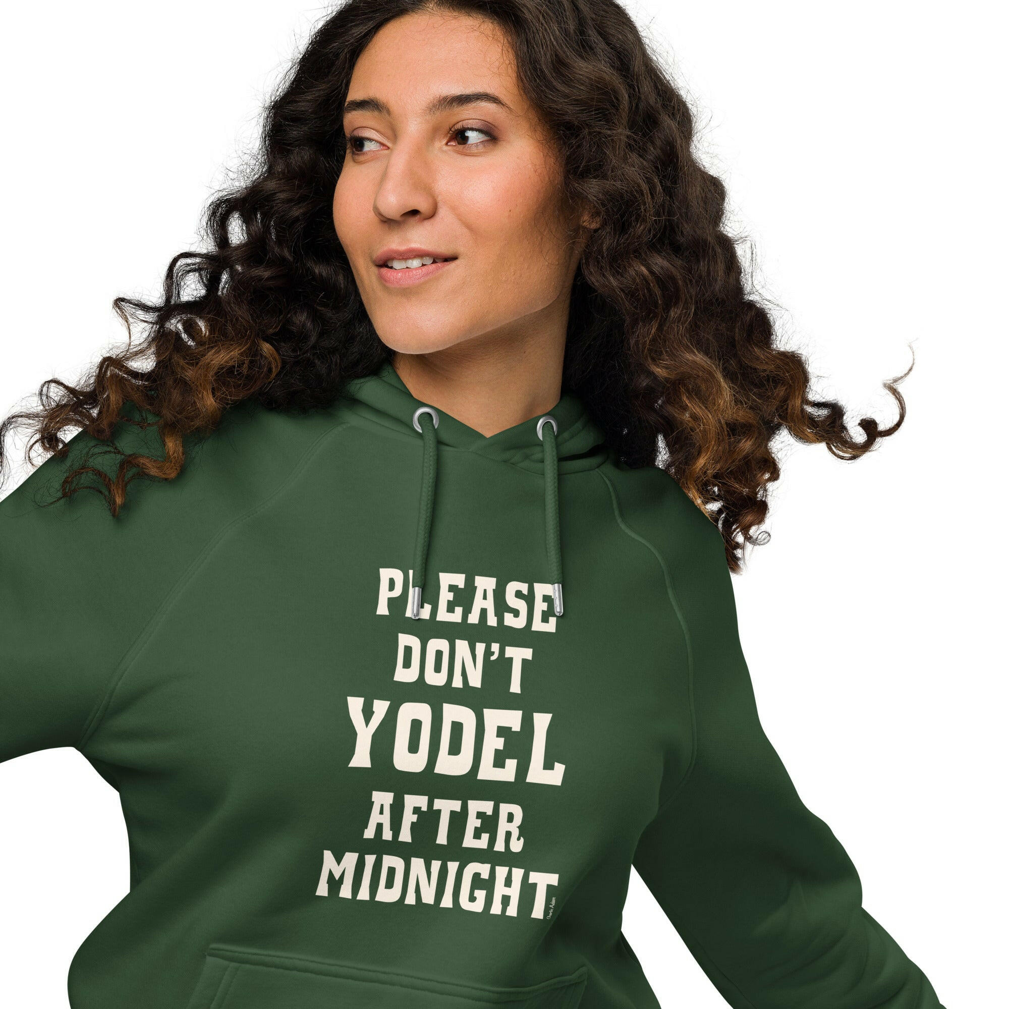 Unisex eco raglan hoodie Don't Yodel After Midnight on dark colors