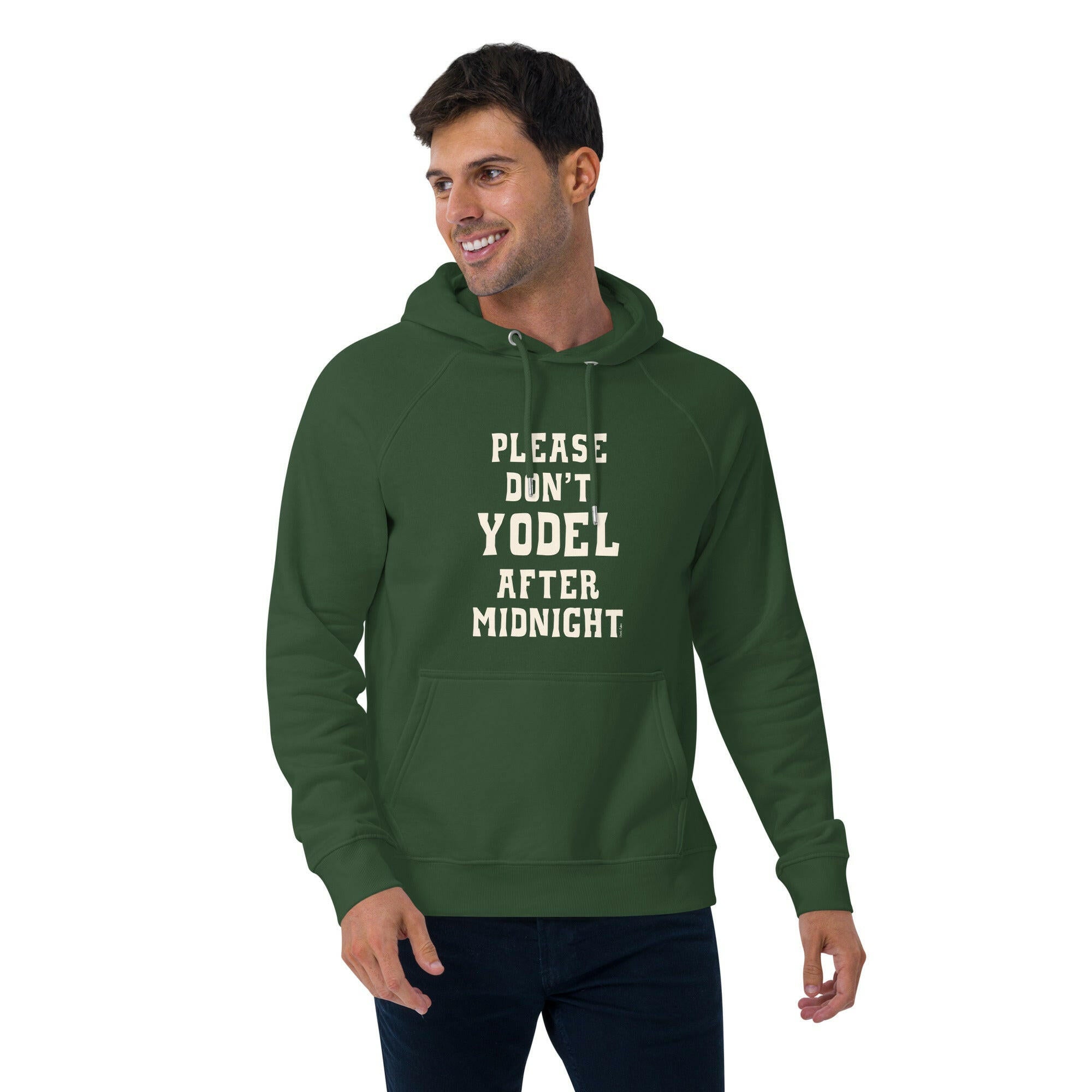 Unisex eco raglan hoodie Don't Yodel After Midnight on dark colors