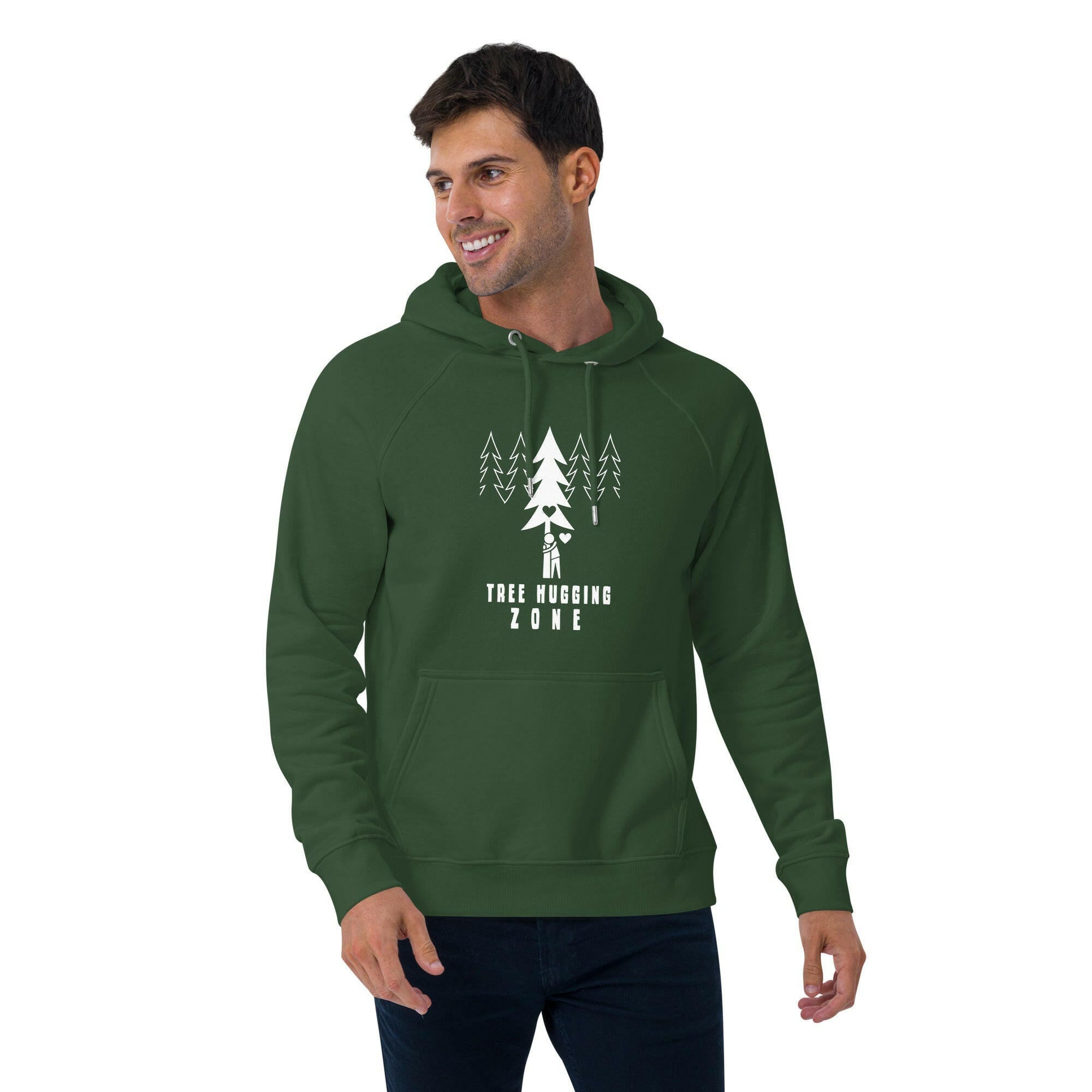 Sweat à capuche écologique Raglan unisexe Tree hugging zone sur fond sombre