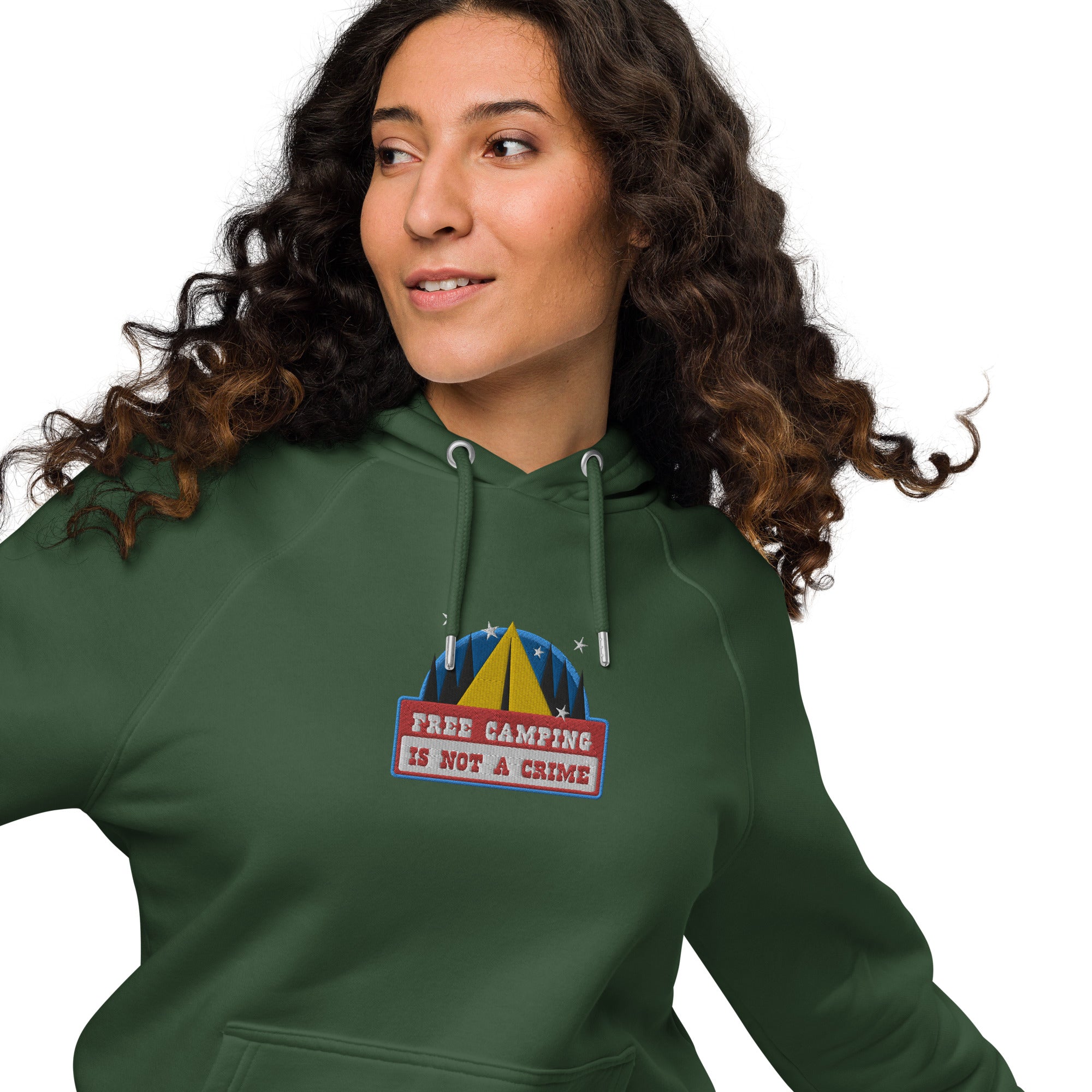 Unisex eco raglan hoodie Free camping is not a crime graphic multicolor embroidered pattern