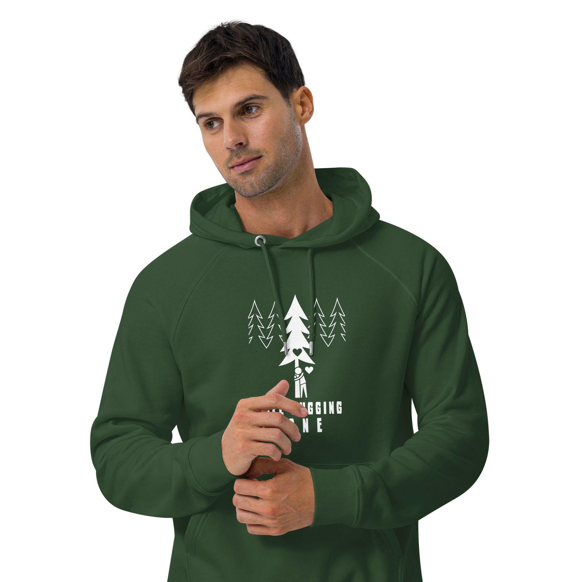 Sweat à capuche écologique Raglan unisexe Tree hugging zone sur fond sombre