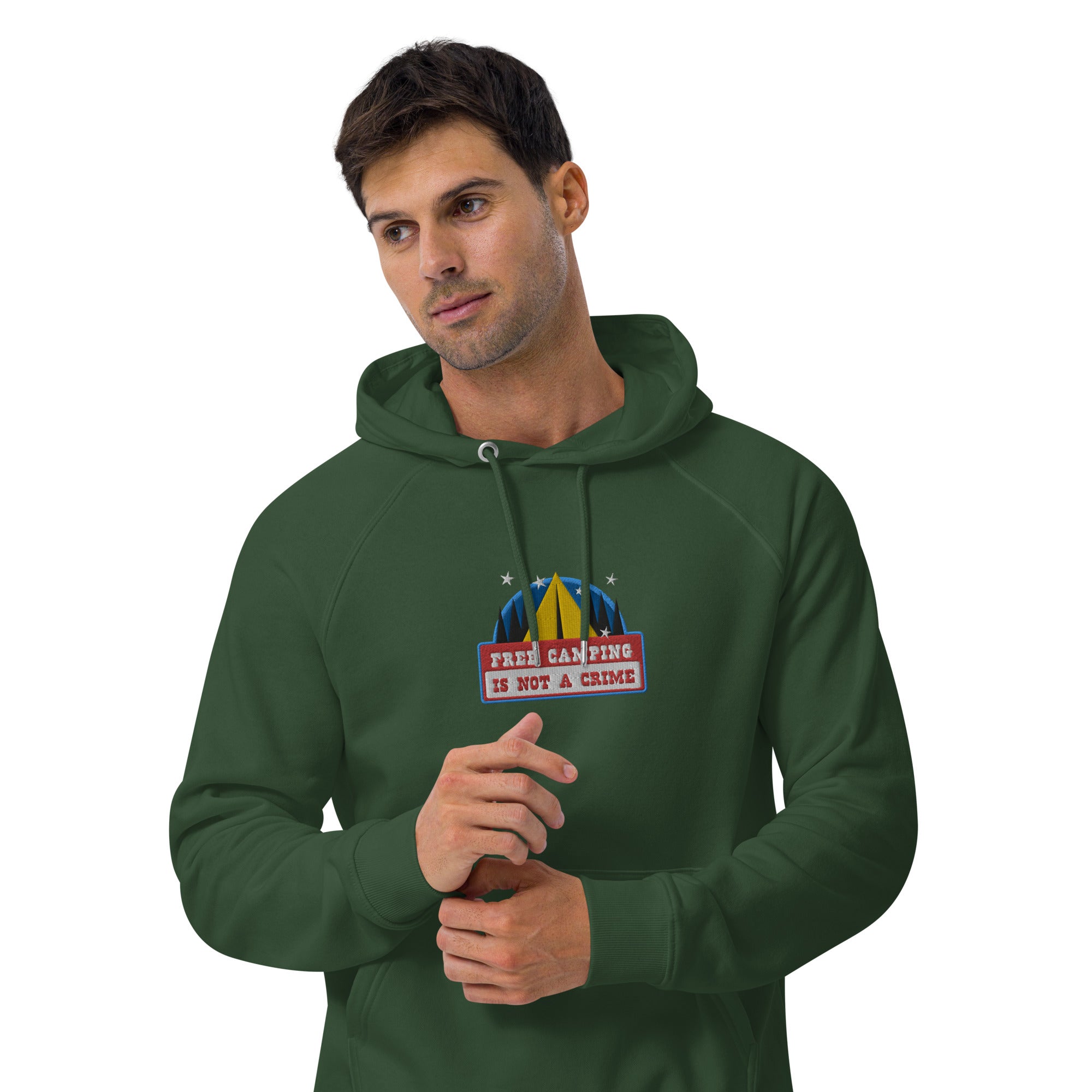 Unisex eco raglan hoodie Free camping is not a crime graphic multicolor embroidered pattern