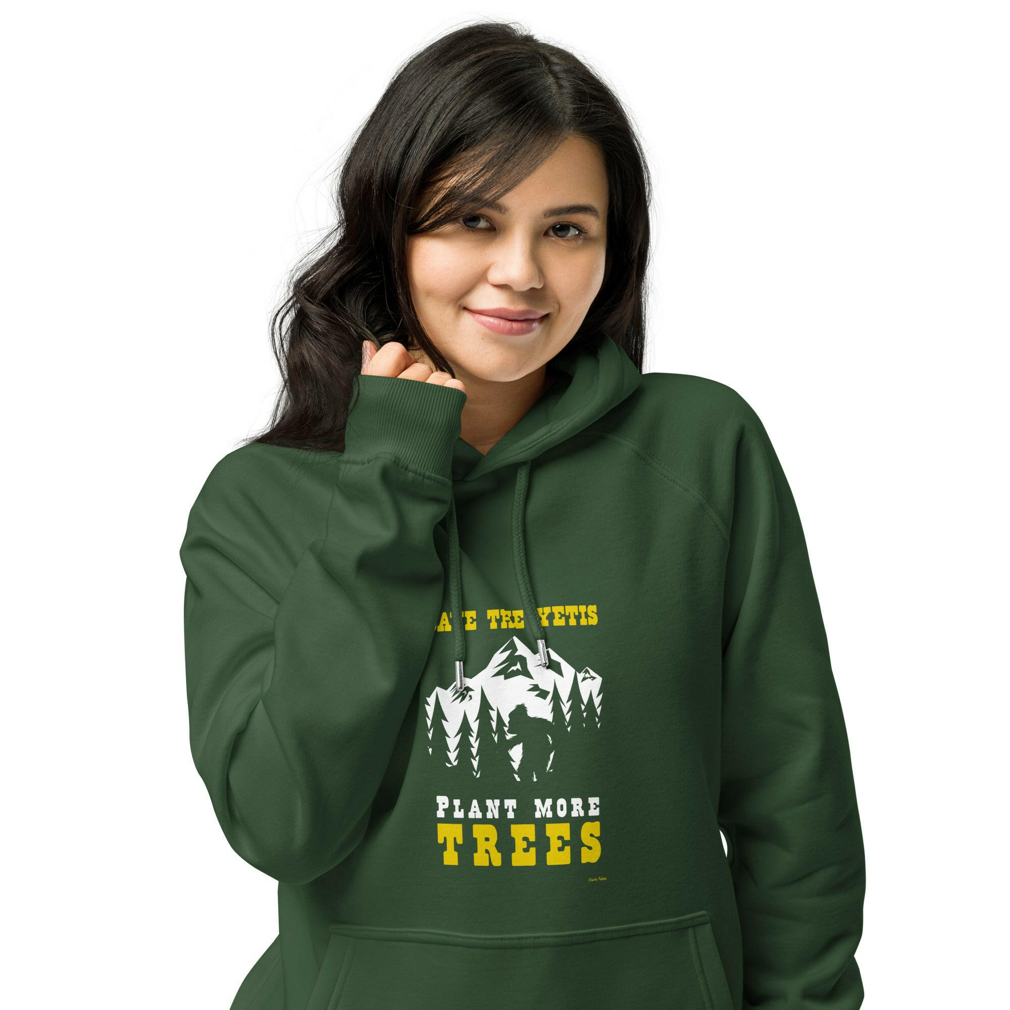 Unisex eco raglan hoodie Save the Yetis, Plant more Trees