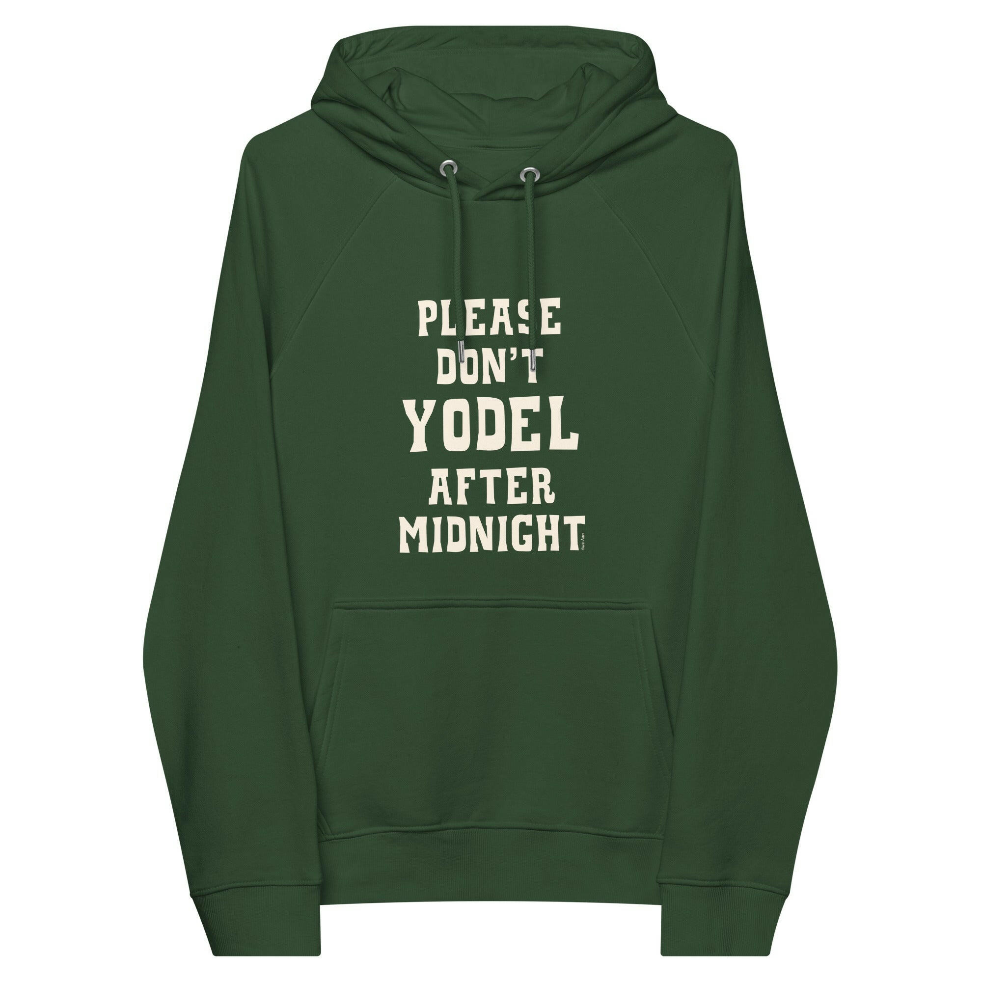 Unisex eco raglan hoodie Don't Yodel After Midnight on dark colors