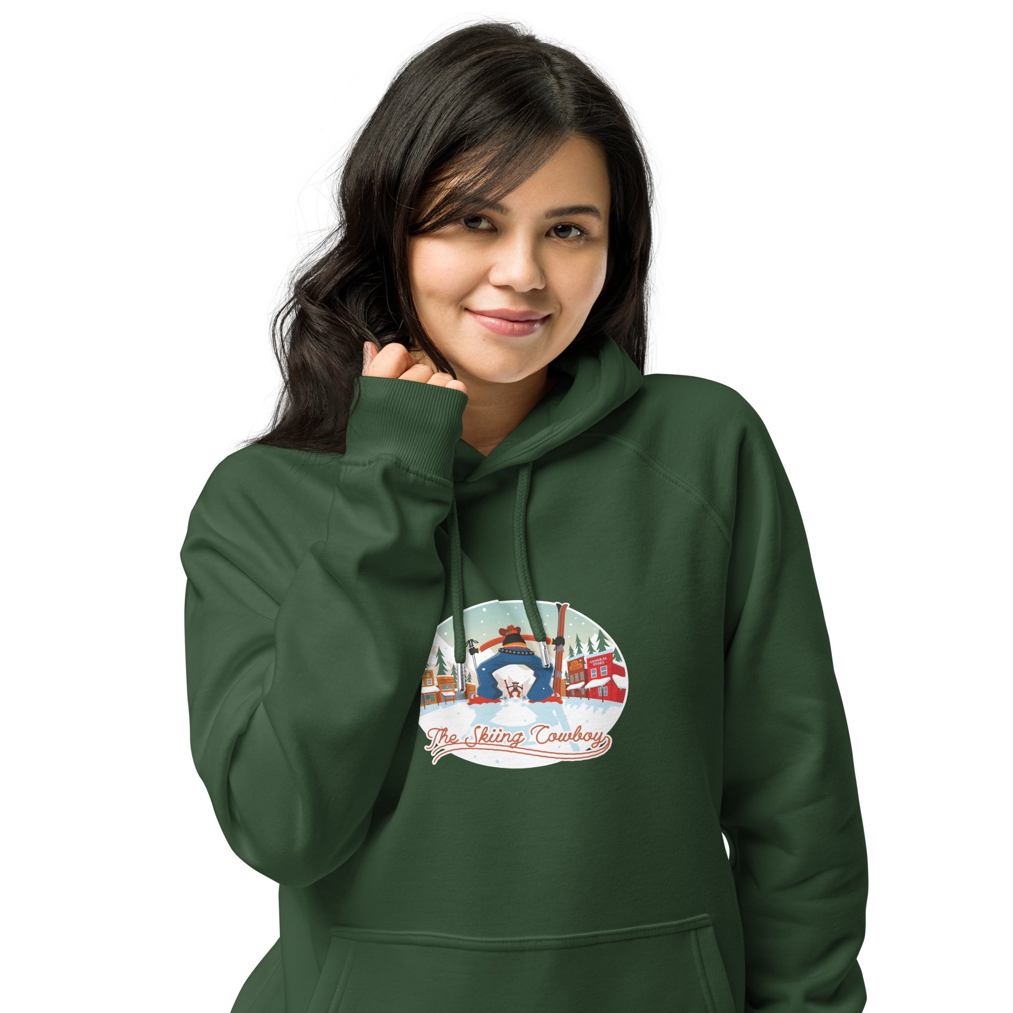 Unisex eco raglan hoodie Skiing Duel (front & back)