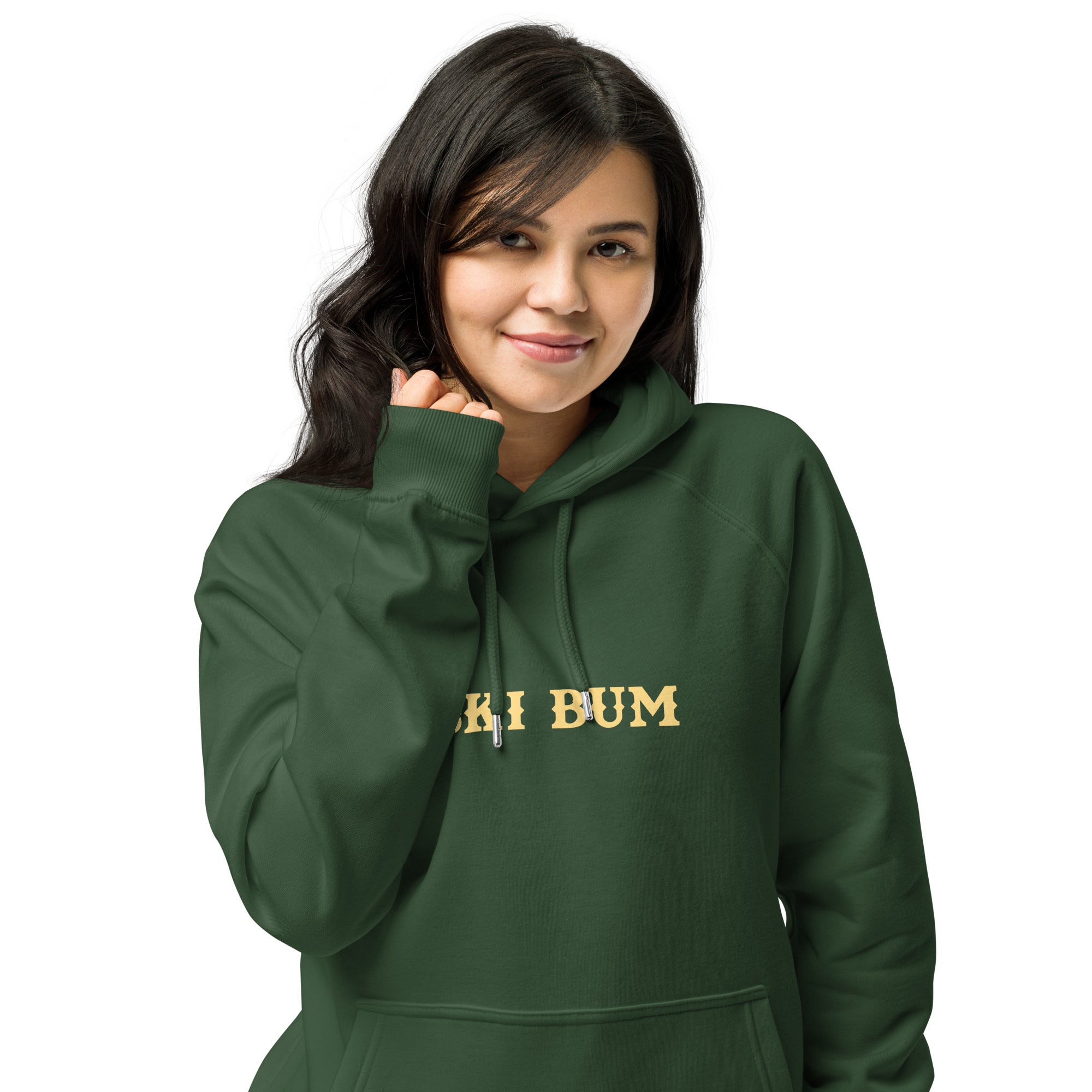 Unisex eco raglan hoodie Ski Bum light text