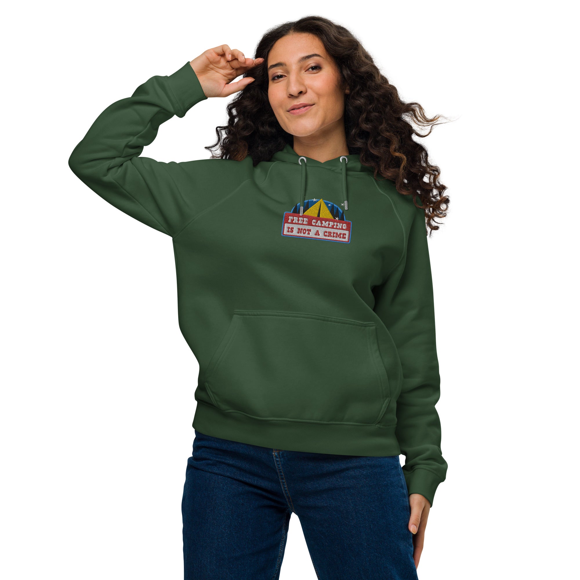 Unisex eco raglan hoodie Free camping is not a crime graphic multicolor embroidered pattern