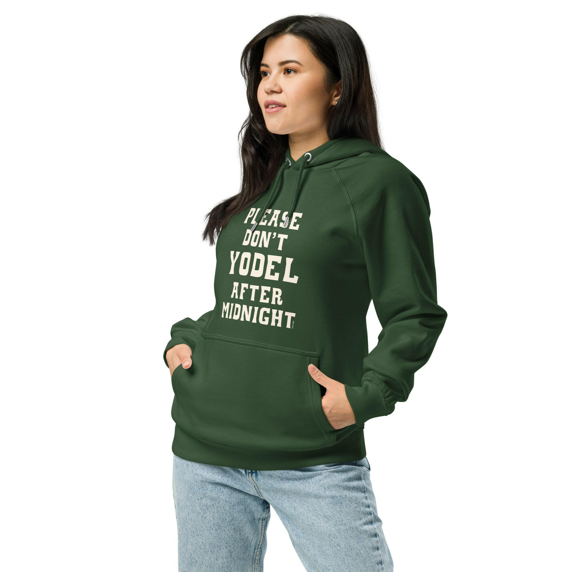 Unisex eco raglan hoodie Don't Yodel After Midnight on dark colors