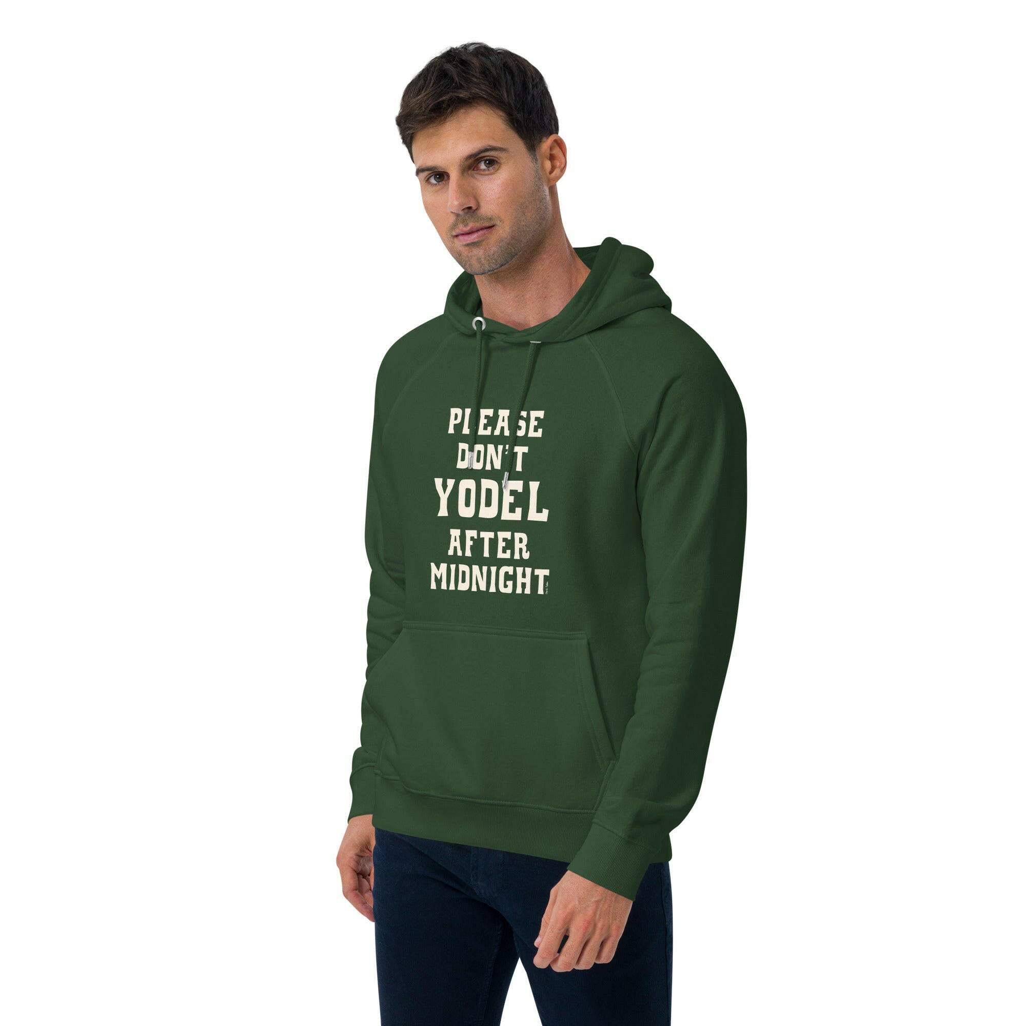 Unisex eco raglan hoodie Don't Yodel After Midnight on dark colors