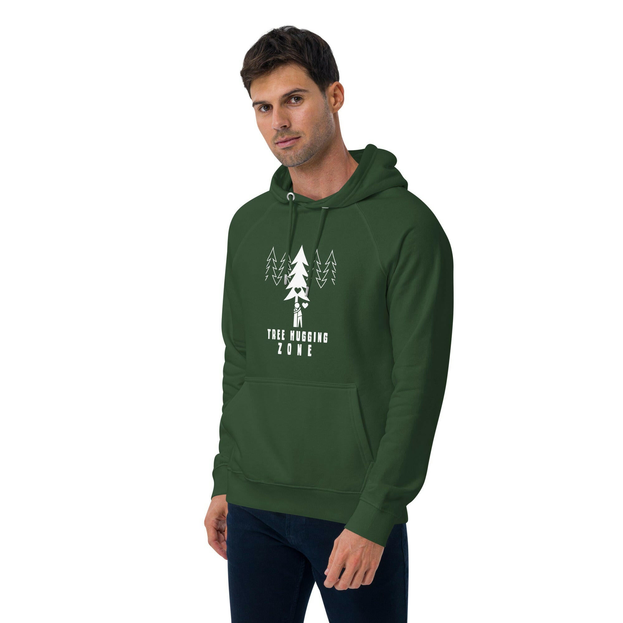 Sweat à capuche écologique Raglan unisexe Tree hugging zone sur fond sombre