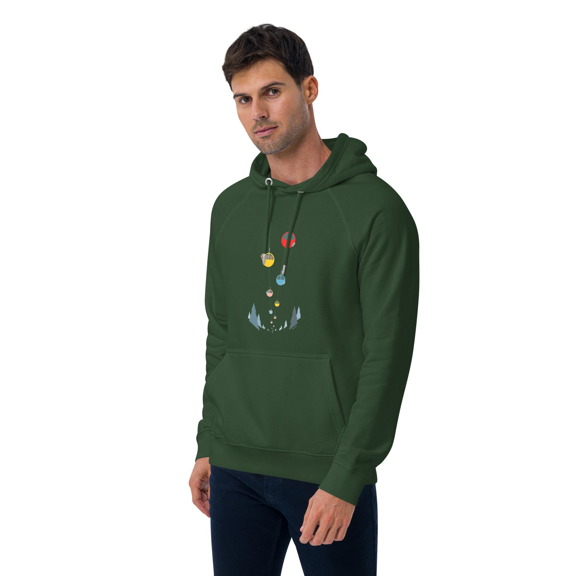 Unisex eco raglan hoodie Gondolas in the mist