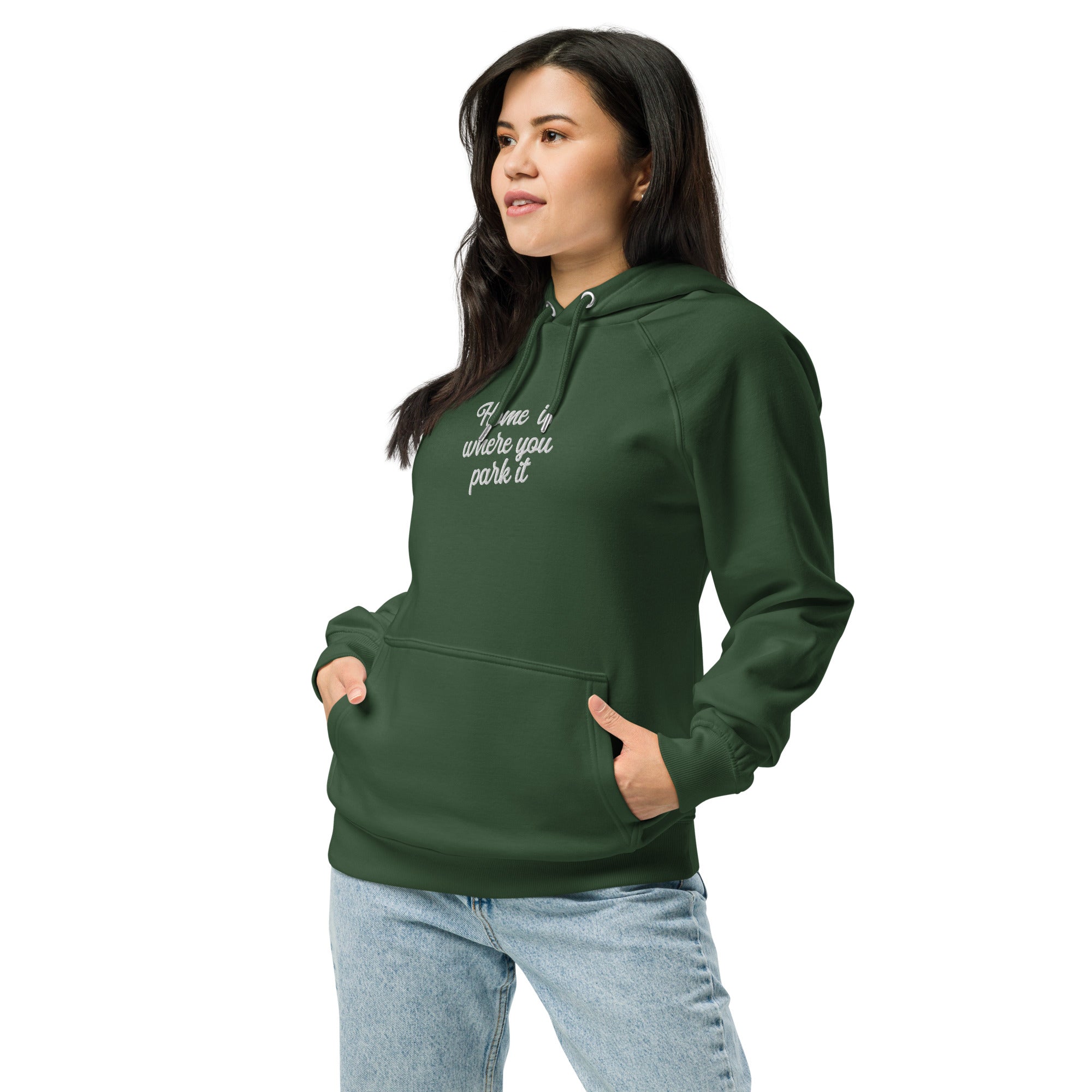 Unisex eco raglan hoodie Square Vintage Campers Home is where you park it white embroidered pattern