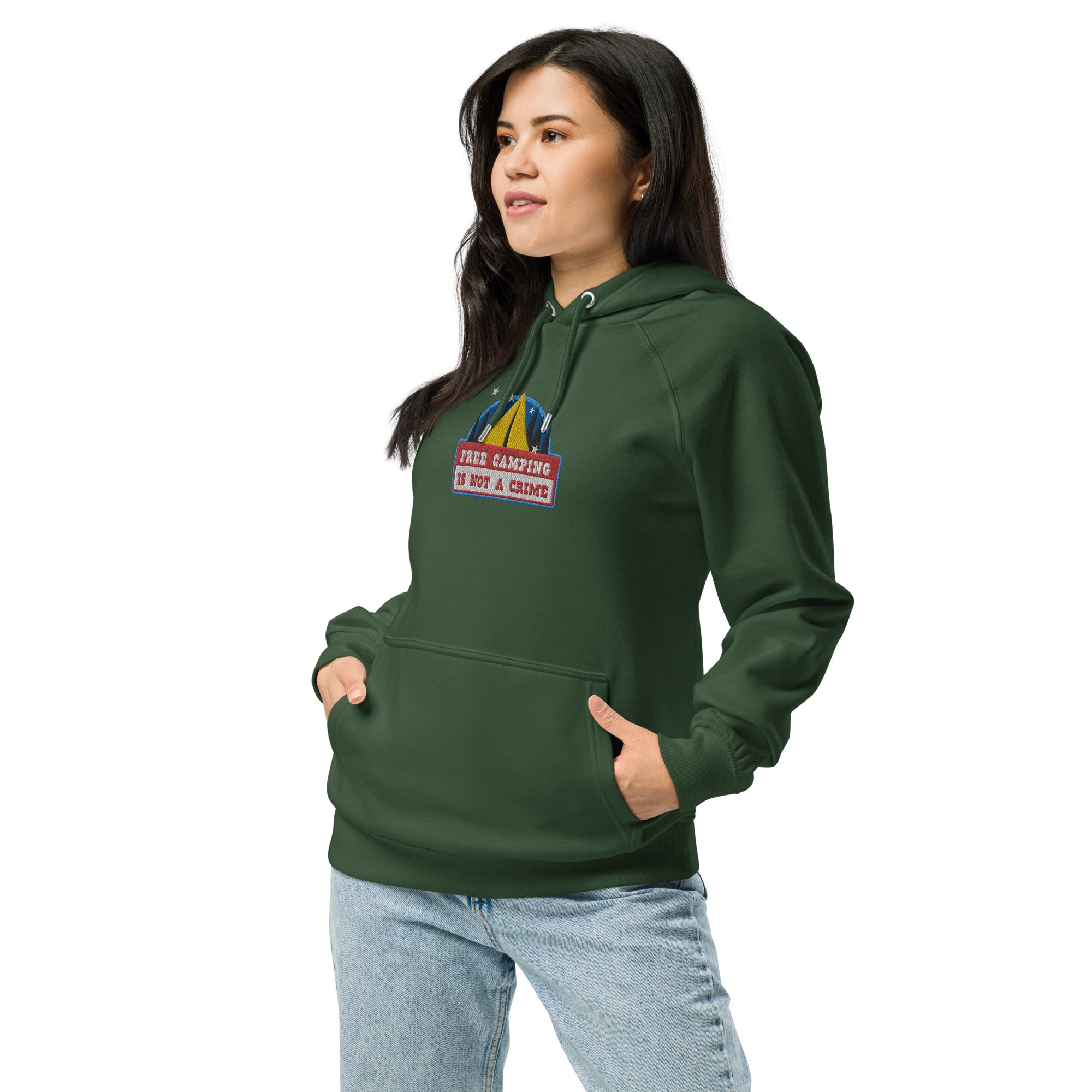 Unisex eco raglan hoodie Free camping is not a crime graphic multicolor embroidered pattern