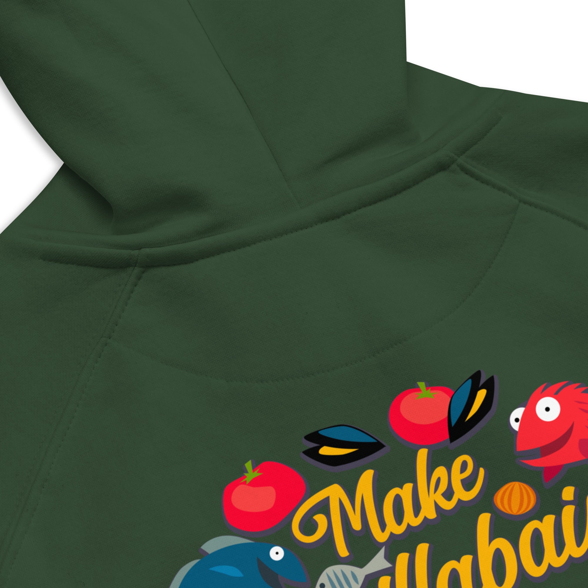 Unisex eco raglan hoodie Make Bouillabaisse Not War embroidered pattern (front) + print (back)