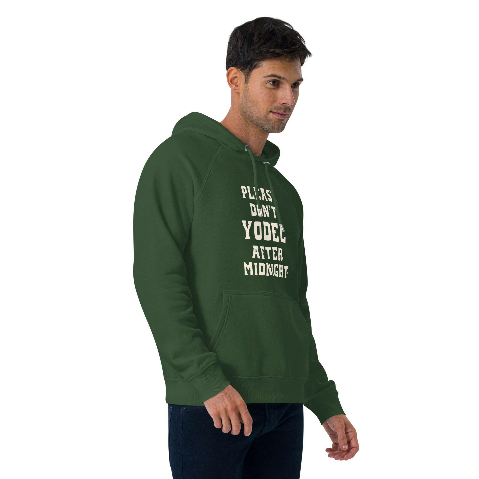 Unisex eco raglan hoodie Don't Yodel After Midnight on dark colors