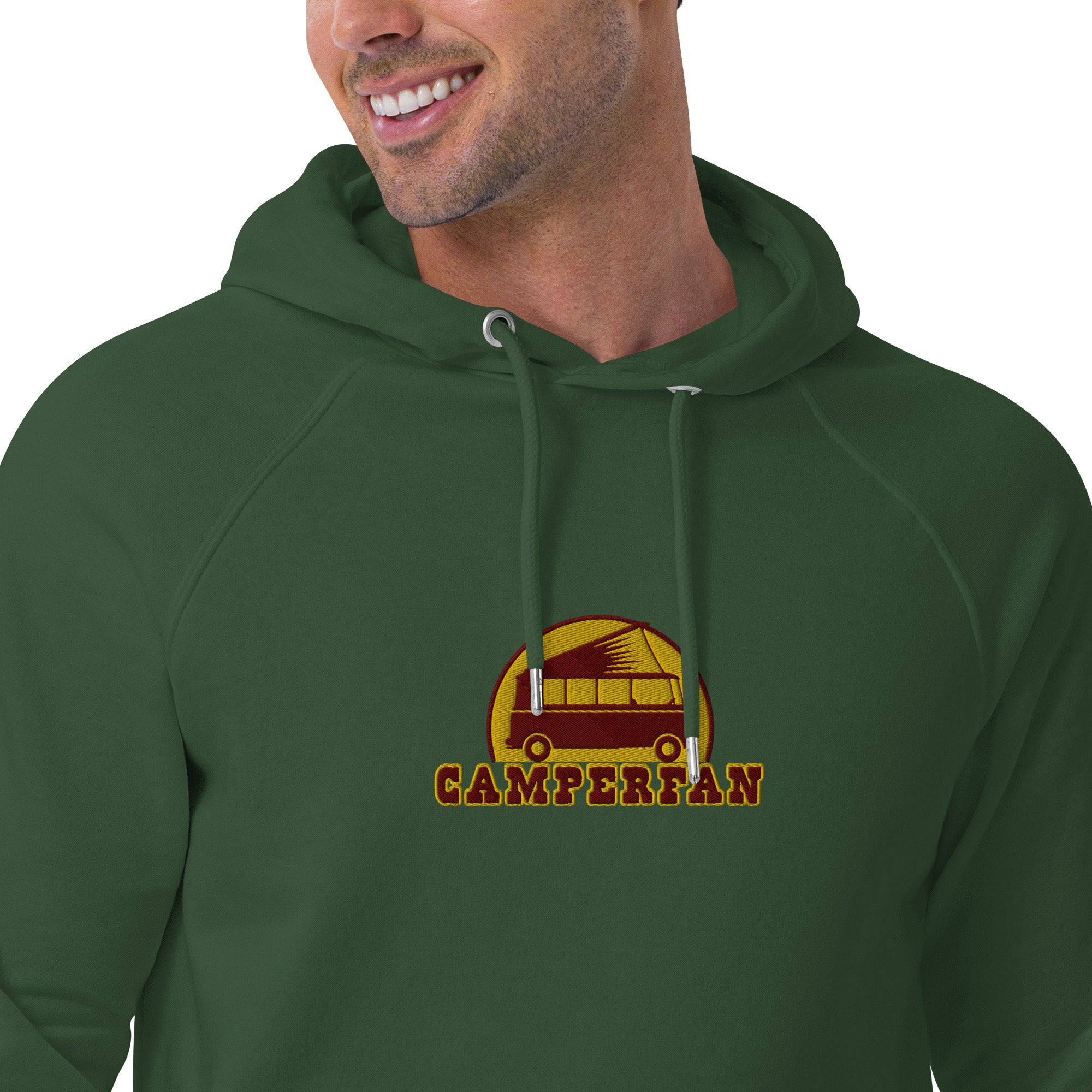 Unisex eco raglan hoodie maroon/gold embroidered pattern