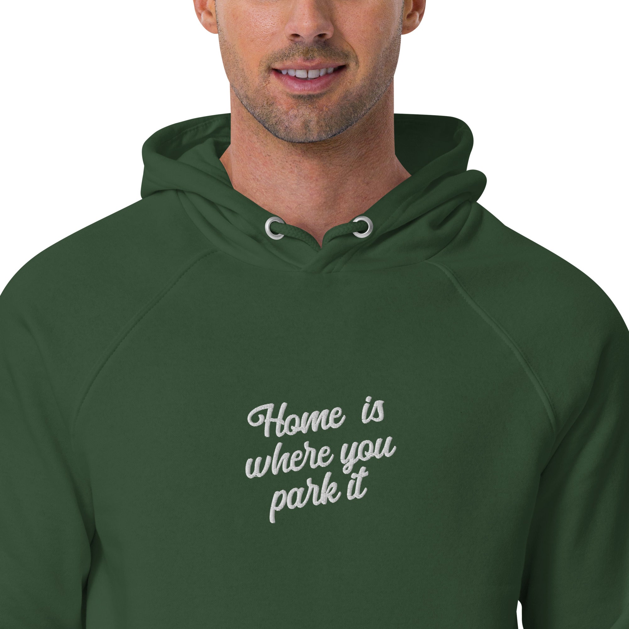 Sweat à capuche écologique Raglan unisexe Square Vintage Campers Home is where you park it brodé blanc