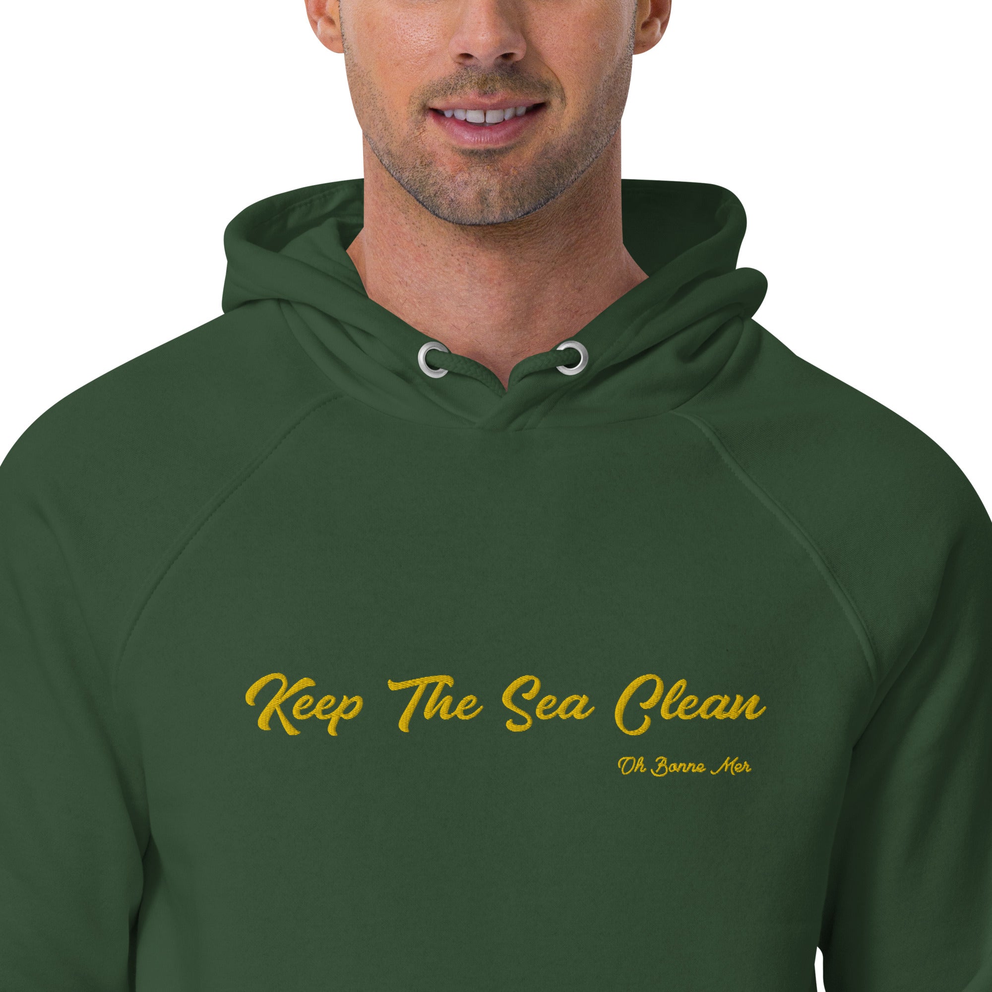 Unisex eco raglan hoodie Keep The Sea Clean large gold embroidered pattern