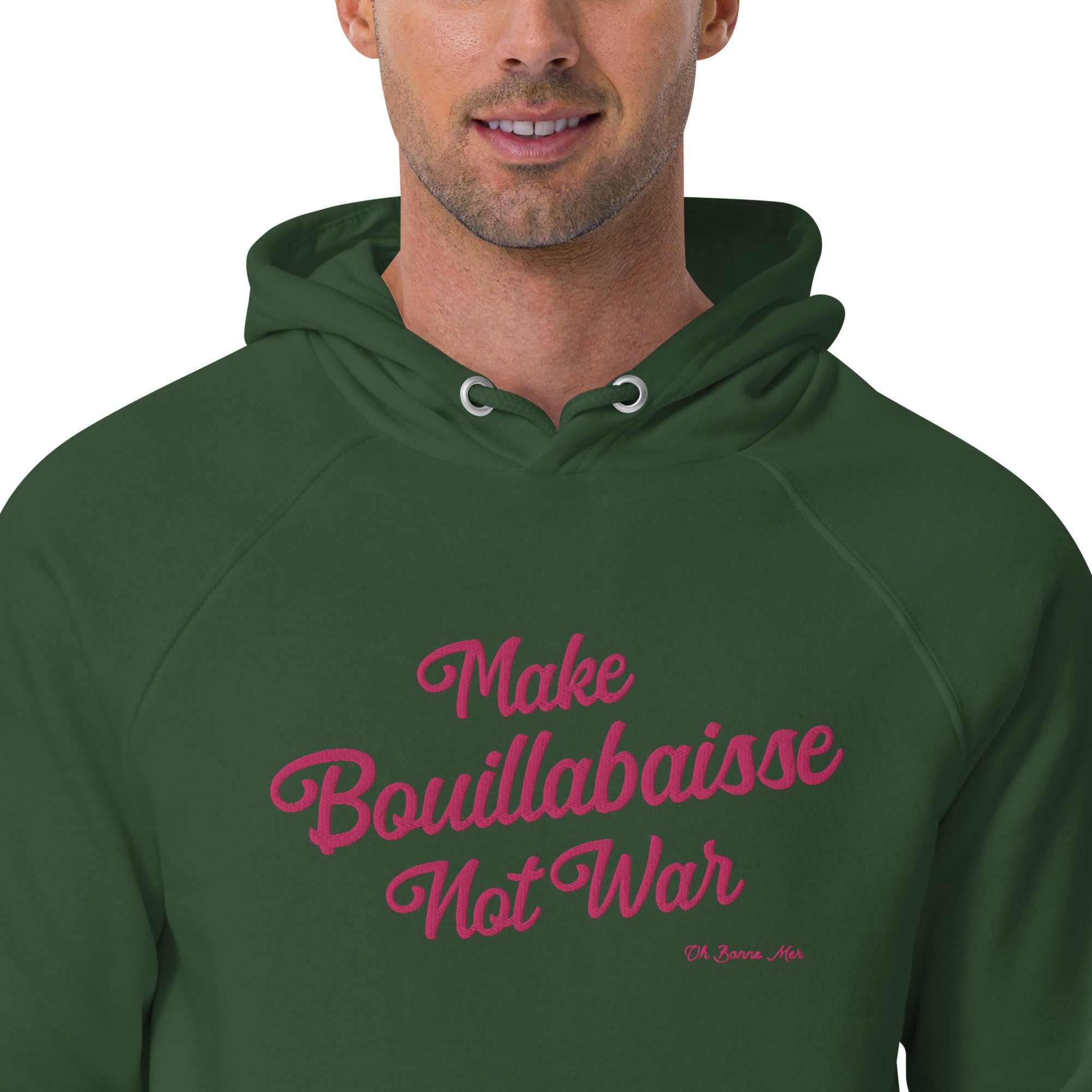 Sweat à capuche écologique Raglan unisexe Make Bouillabaisse Not War grand motif brodé flamingo