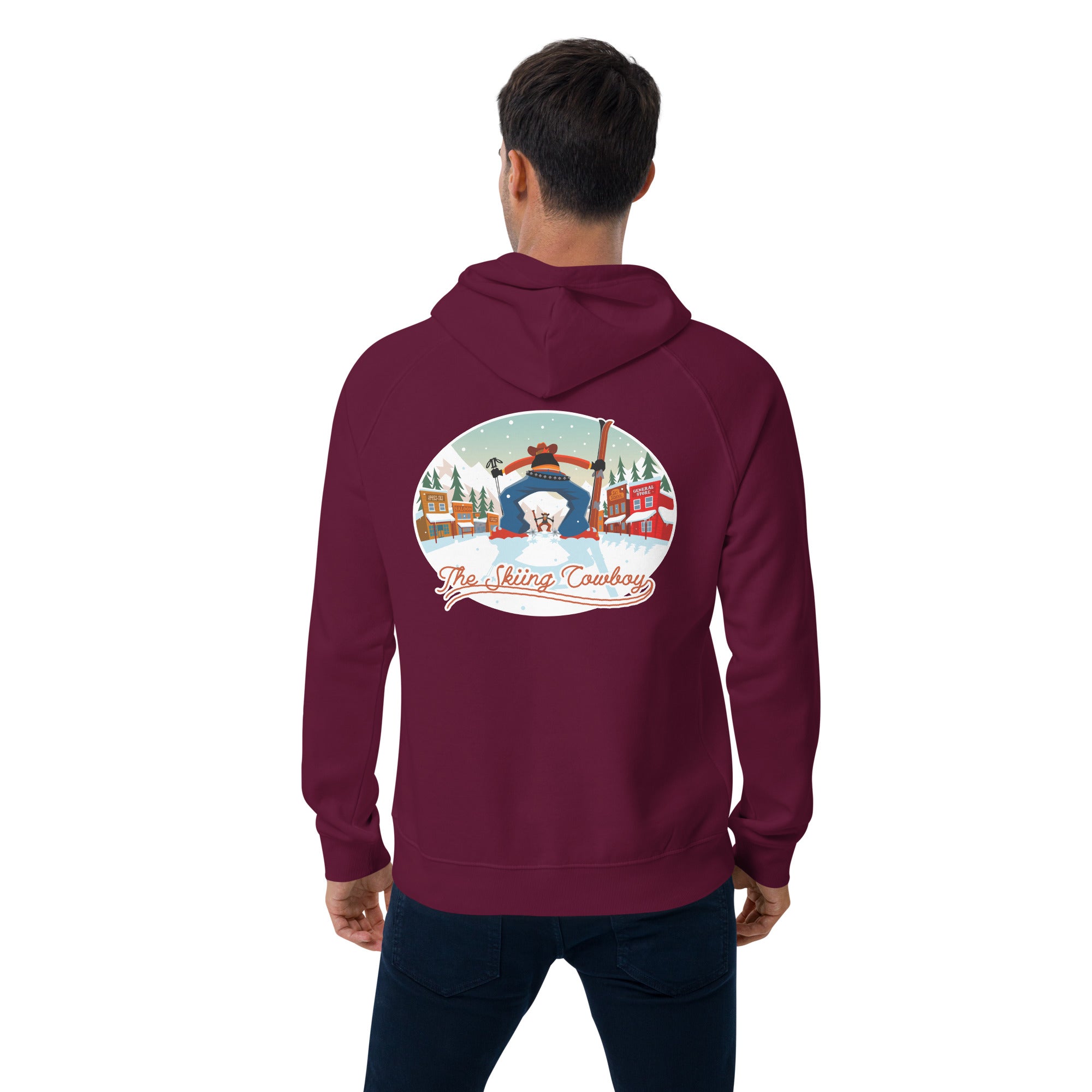 Unisex eco raglan hoodie Skiing Duel (front & back)