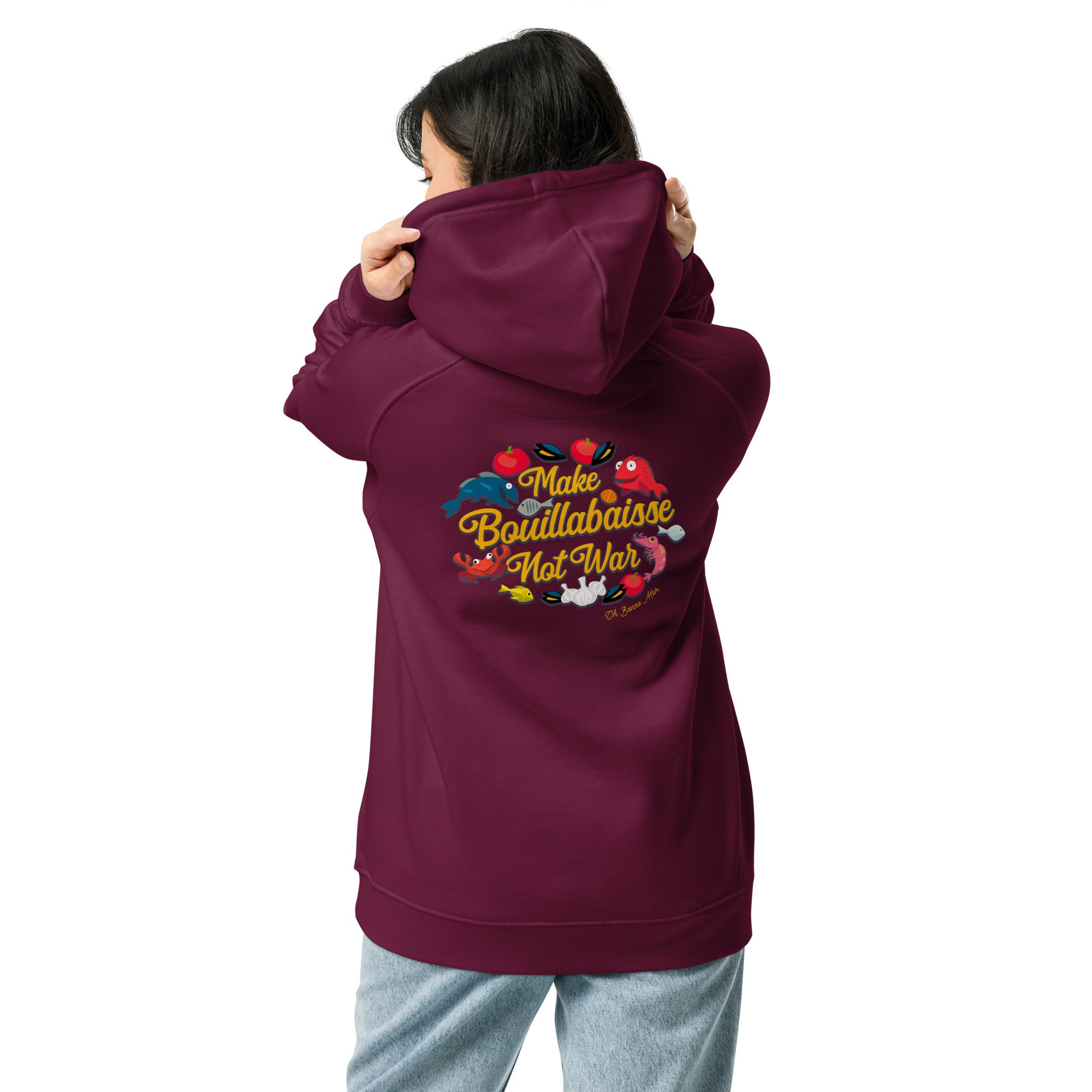 Unisex eco raglan hoodie Make Bouillabaisse Not War embroidered pattern (front) + print (back)