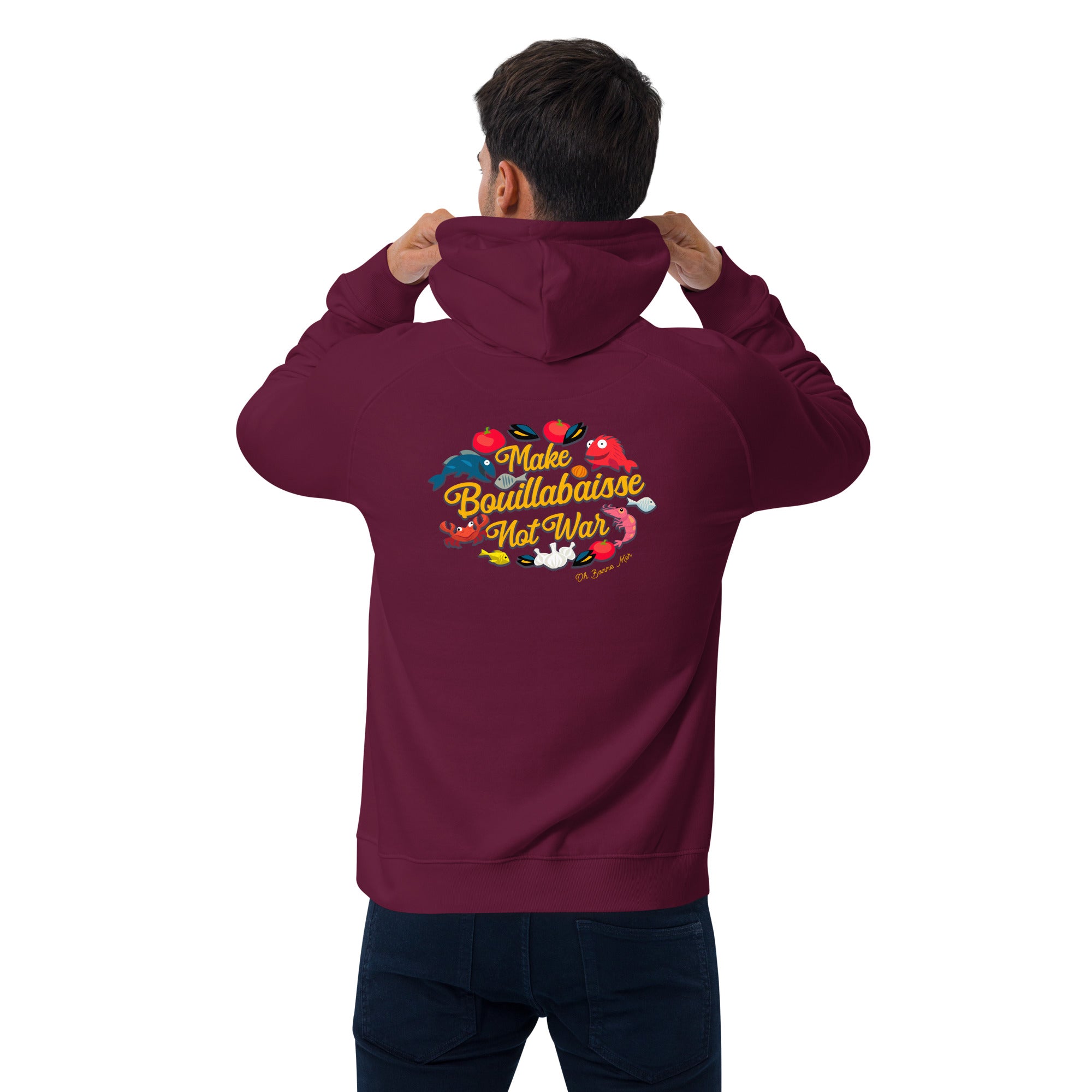 Unisex eco raglan hoodie Make Bouillabaisse Not War embroidered pattern (front) + print (back)