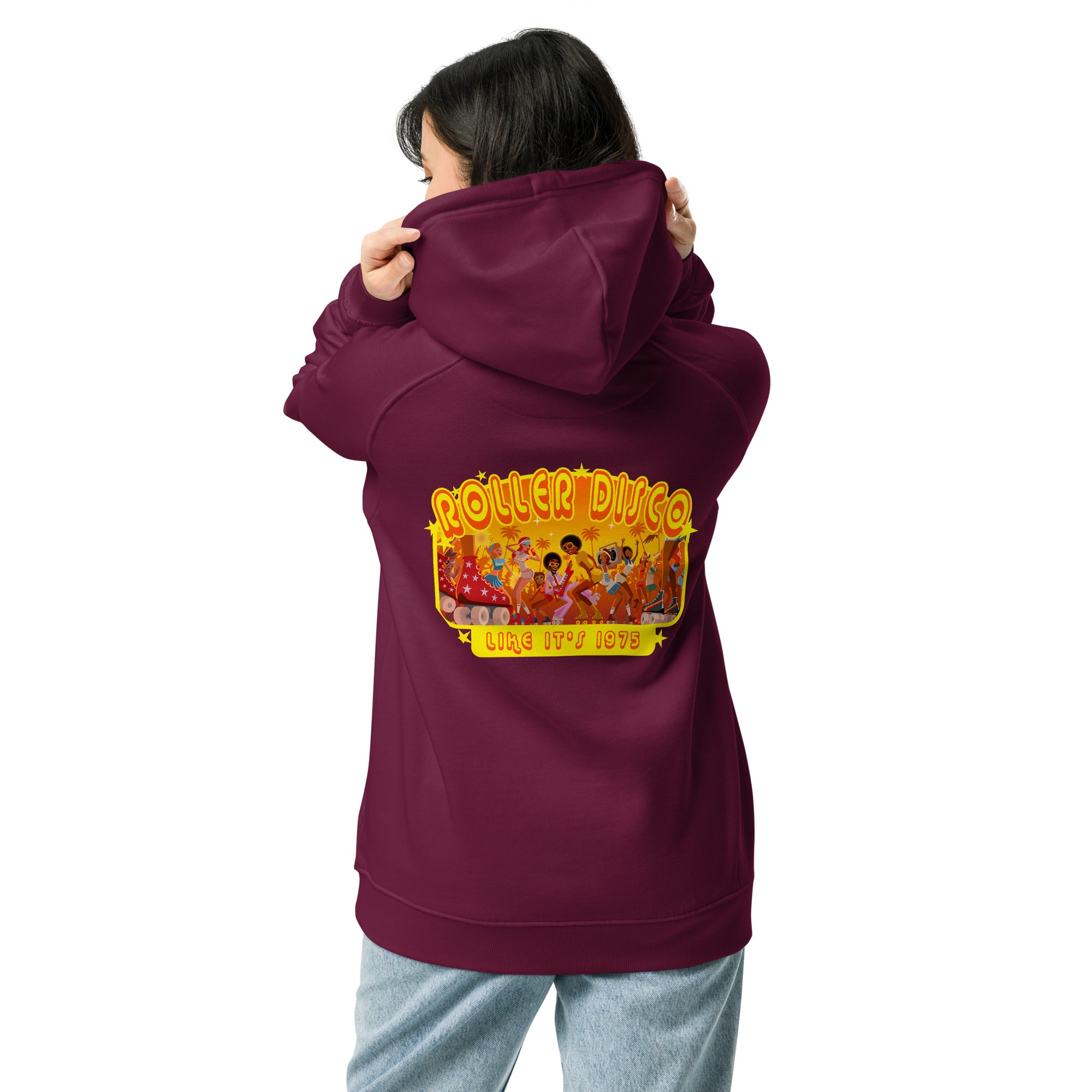 Unisex eco raglan hoodie Roller Disco (front & back)