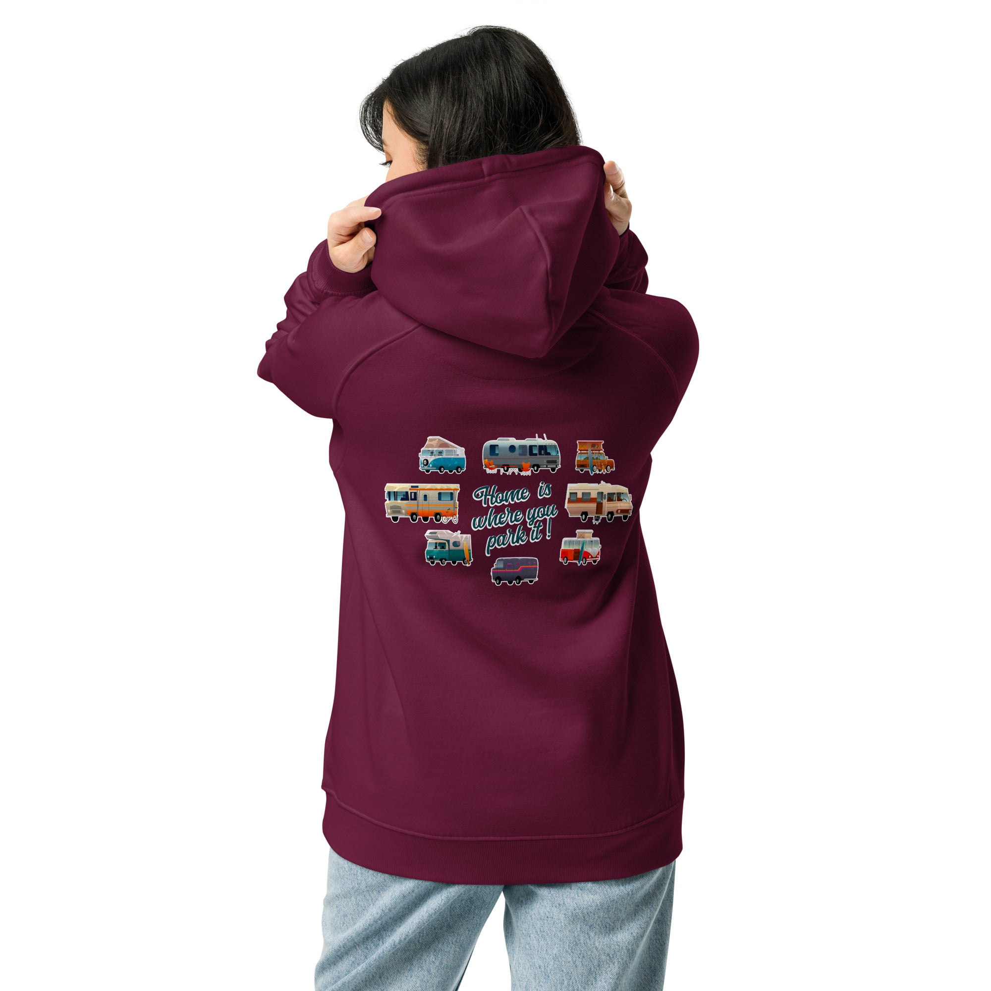 Unisex eco raglan hoodie Square Vintage Campers Home is where you park it white embroidered pattern