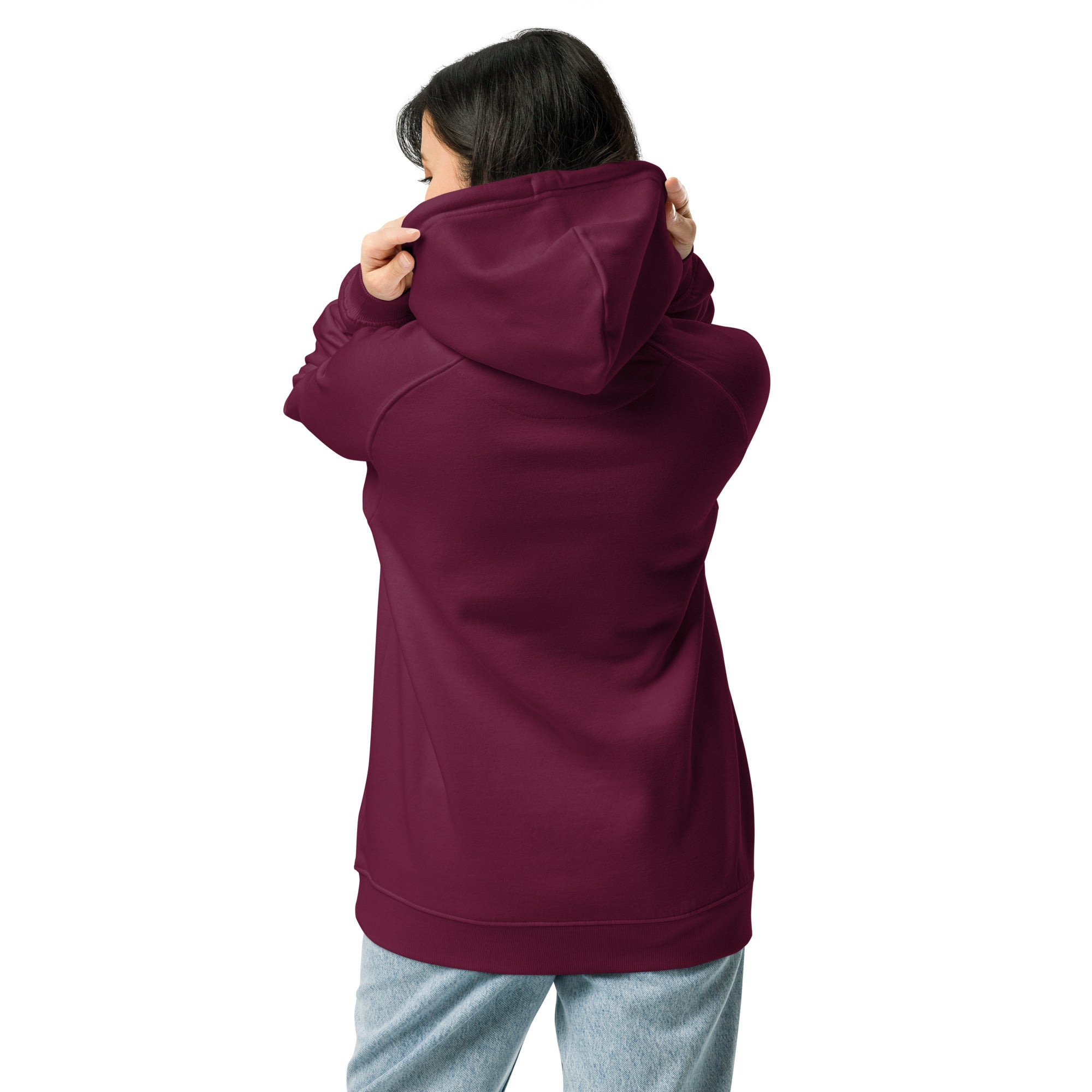 Unisex eco raglan hoodie maroon/gold embroidered pattern