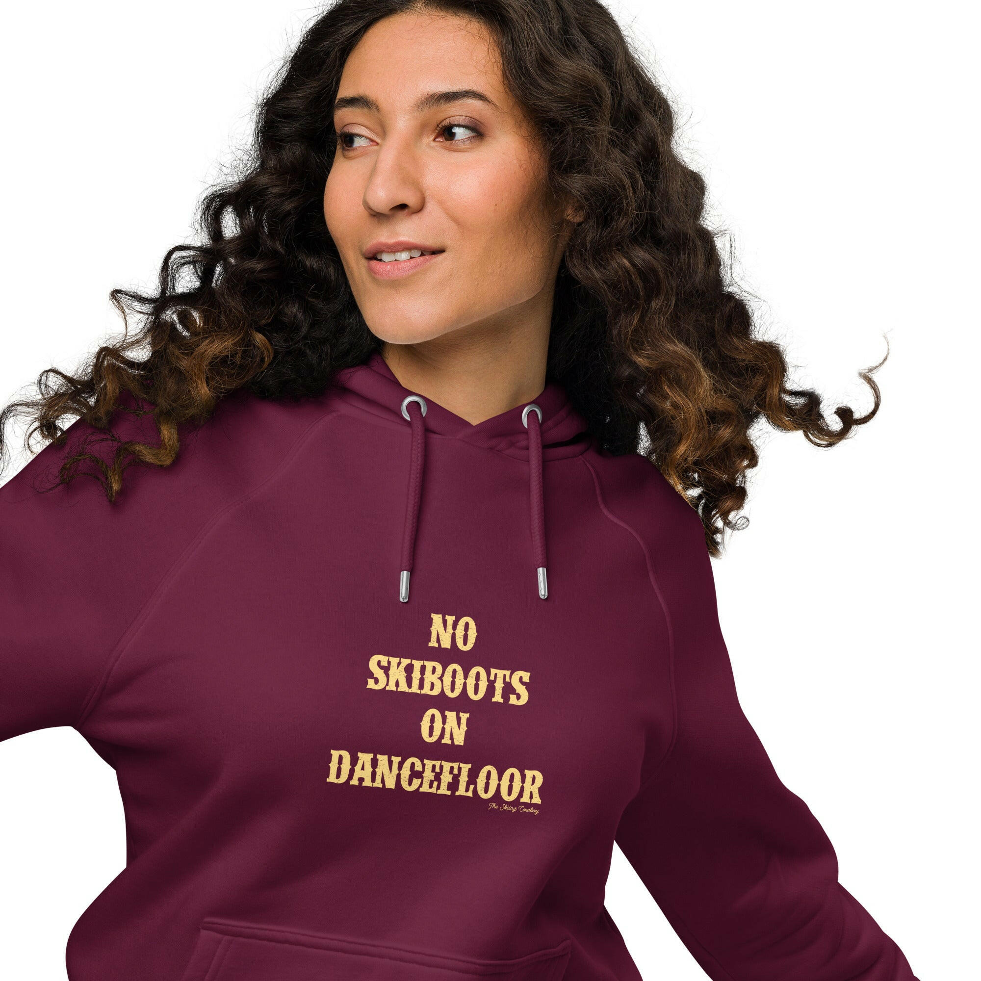 Unisex eco raglan hoodie No Skiboots on Dancefloor on dark colors