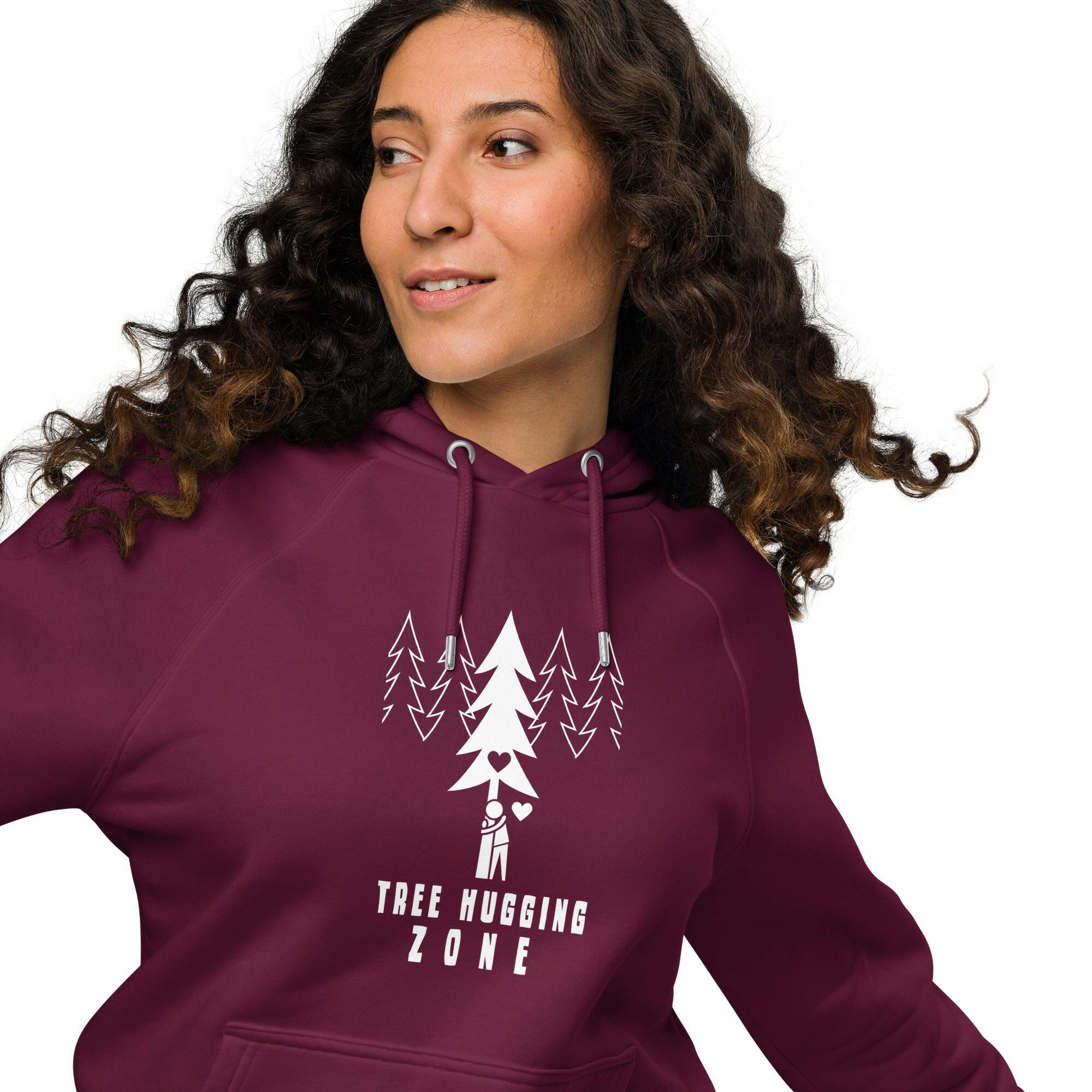 Sweat à capuche écologique Raglan unisexe Tree hugging zone sur fond sombre