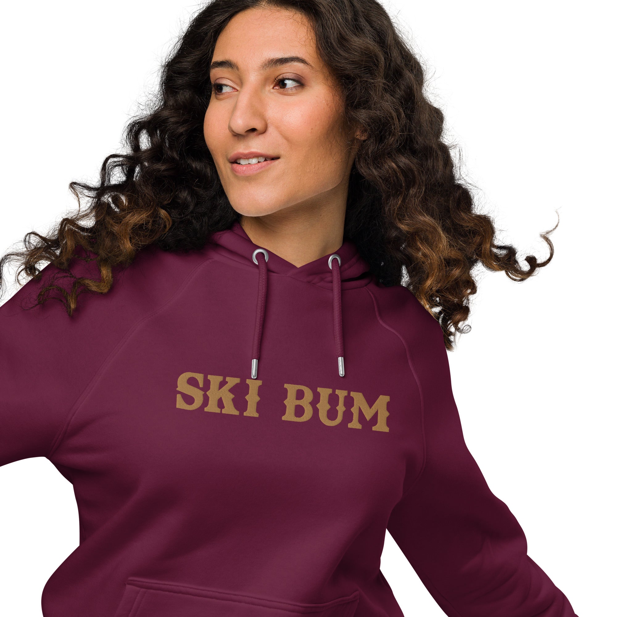 Unisex eco raglan hoodie Ski Bum large old gold embroidered pattern