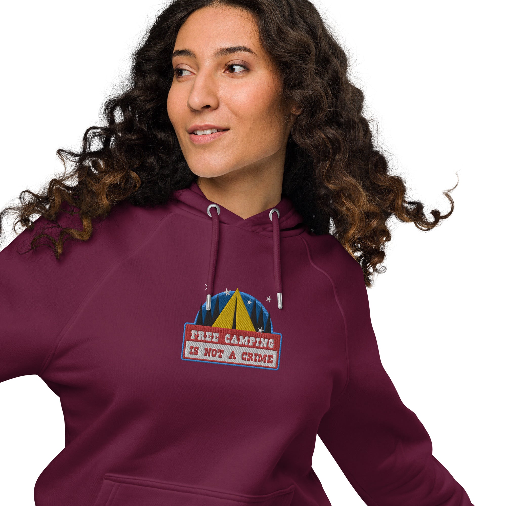 Unisex eco raglan hoodie Free camping is not a crime graphic multicolor embroidered pattern