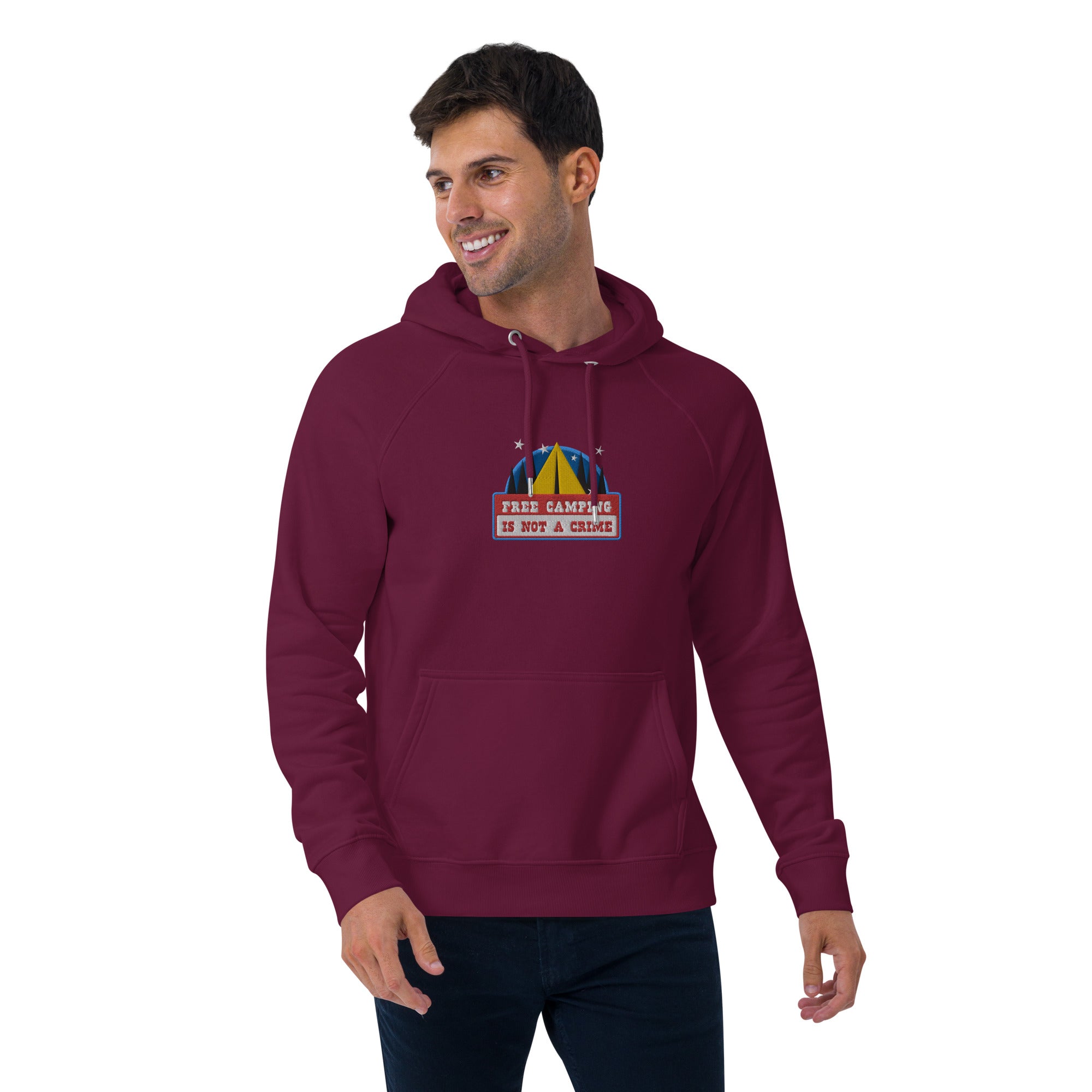 Unisex eco raglan hoodie Free camping is not a crime graphic multicolor embroidered pattern