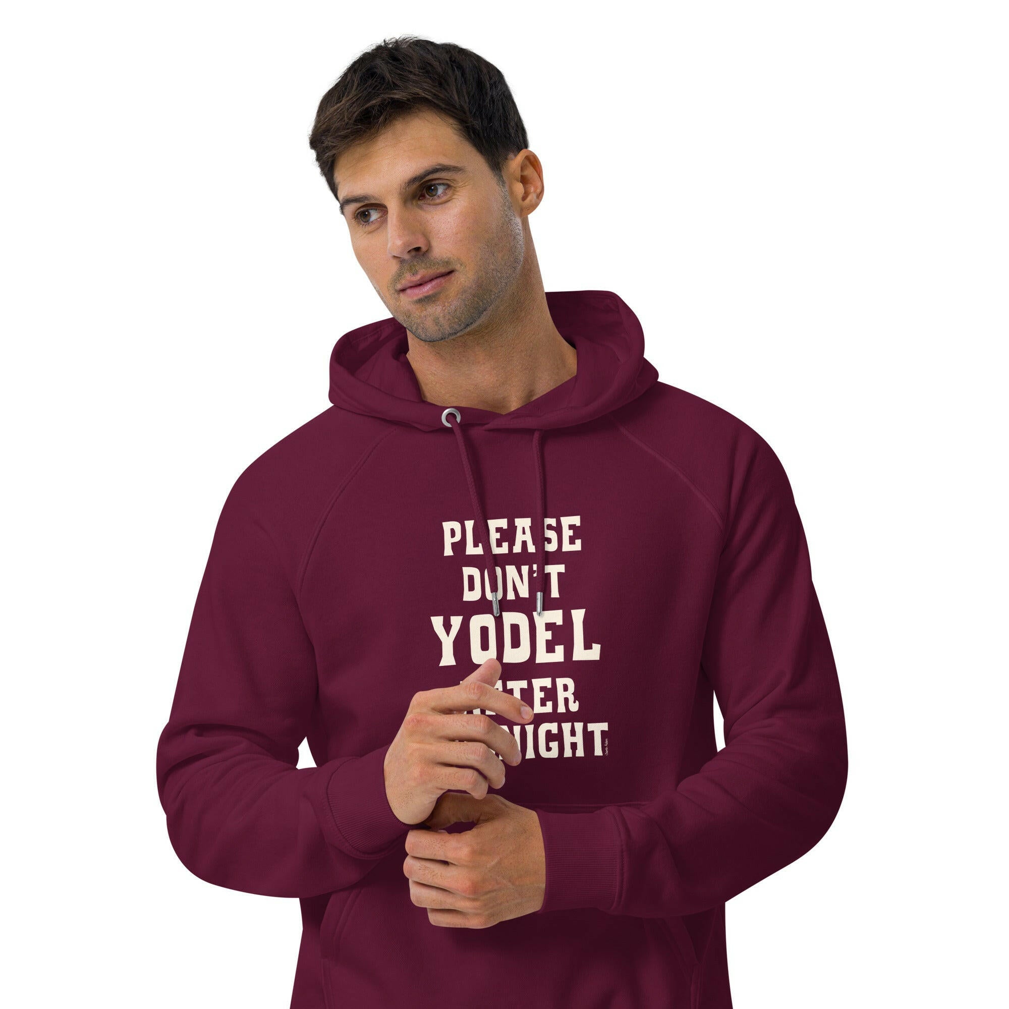 Unisex eco raglan hoodie Don't Yodel After Midnight on dark colors