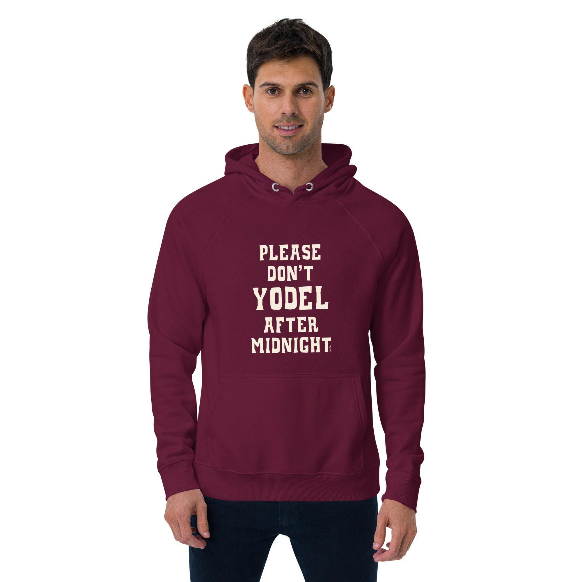 Unisex eco raglan hoodie Don't Yodel After Midnight on dark colors