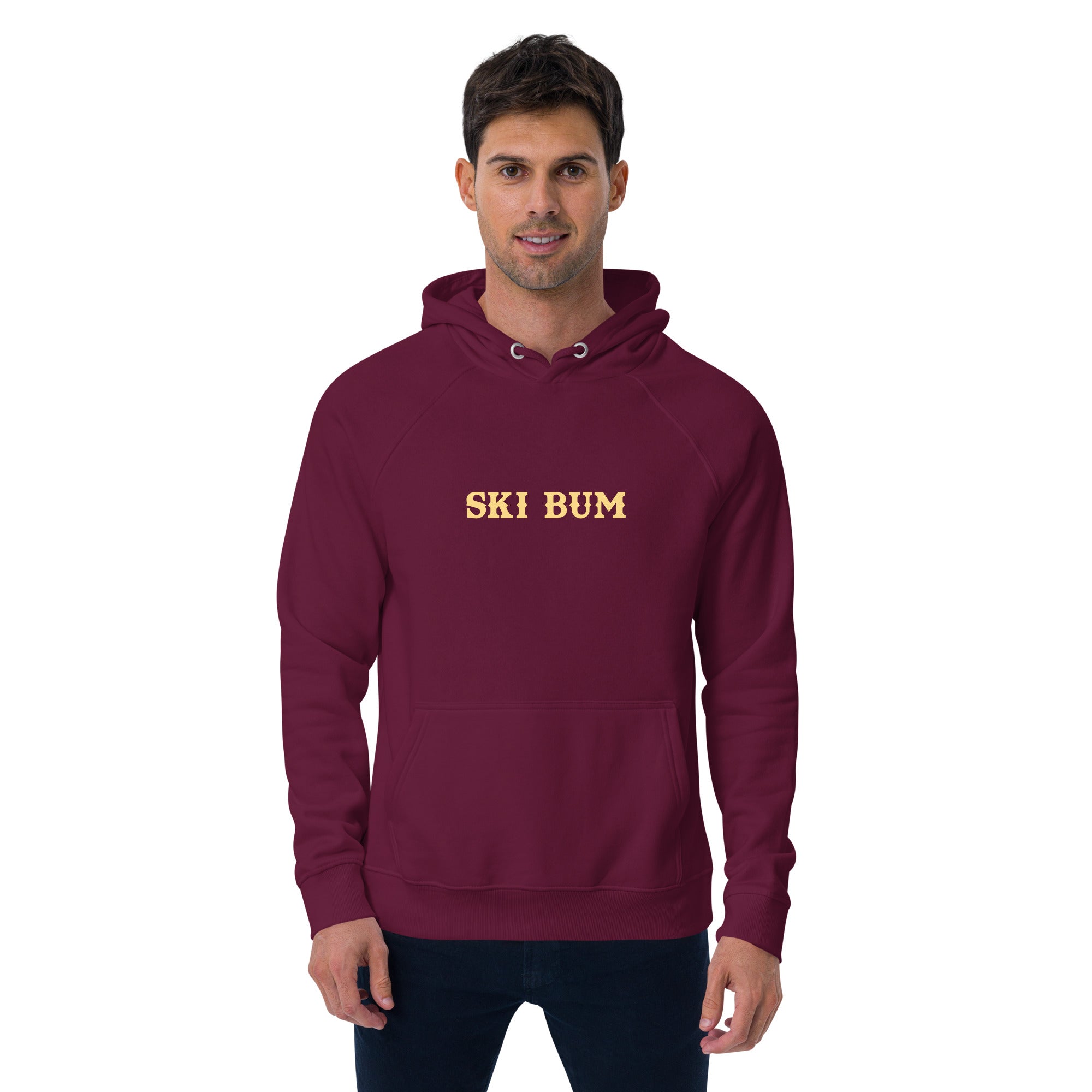 Unisex eco raglan hoodie Ski Bum light text