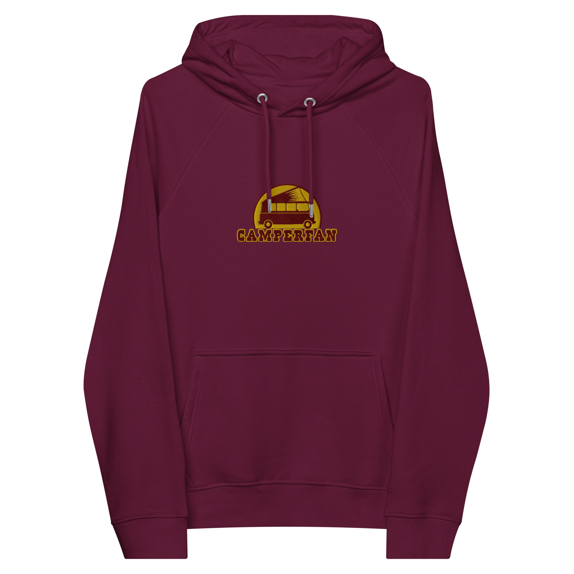 Unisex eco raglan hoodie maroon/gold embroidered pattern