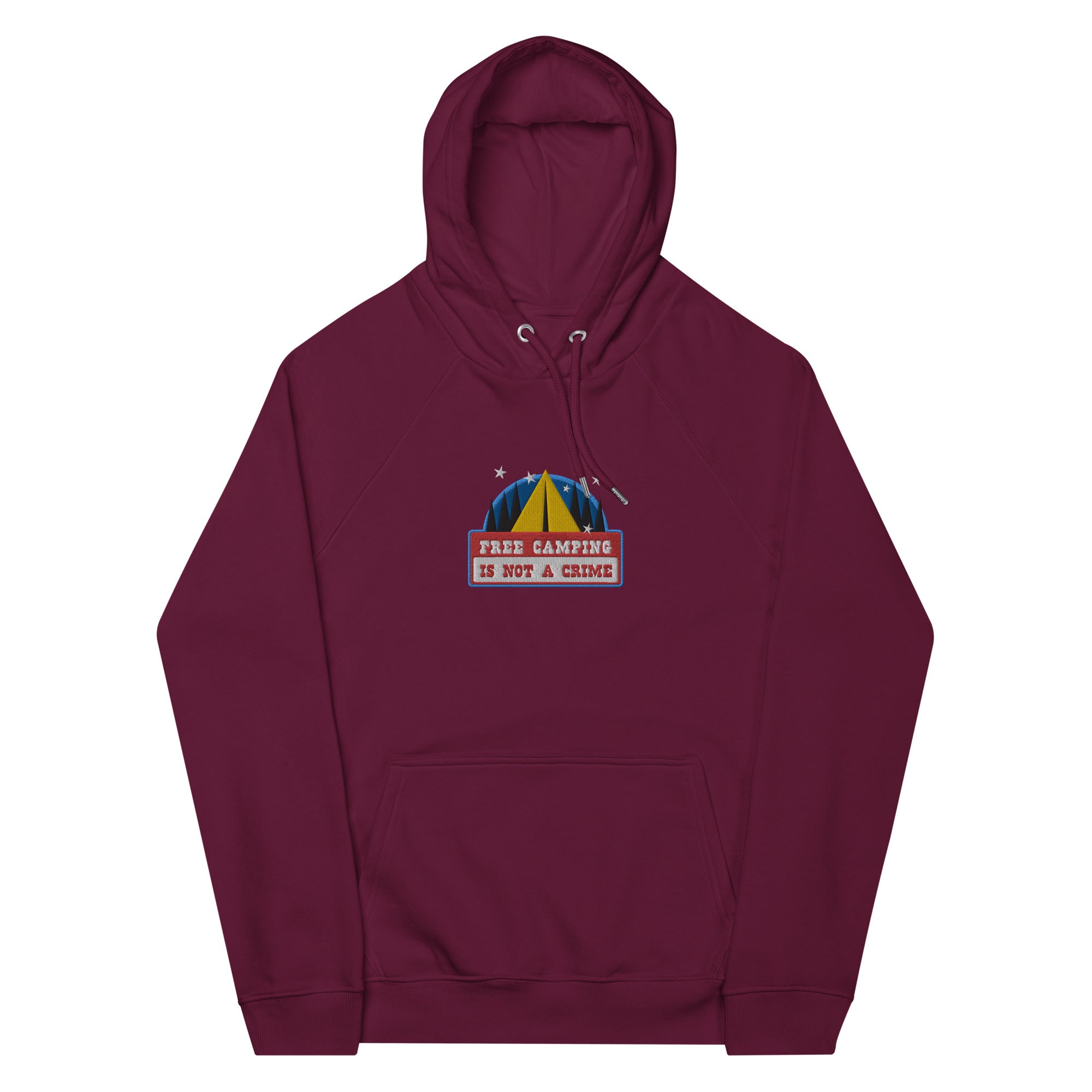 Unisex eco raglan hoodie Free camping is not a crime graphic multicolor embroidered pattern