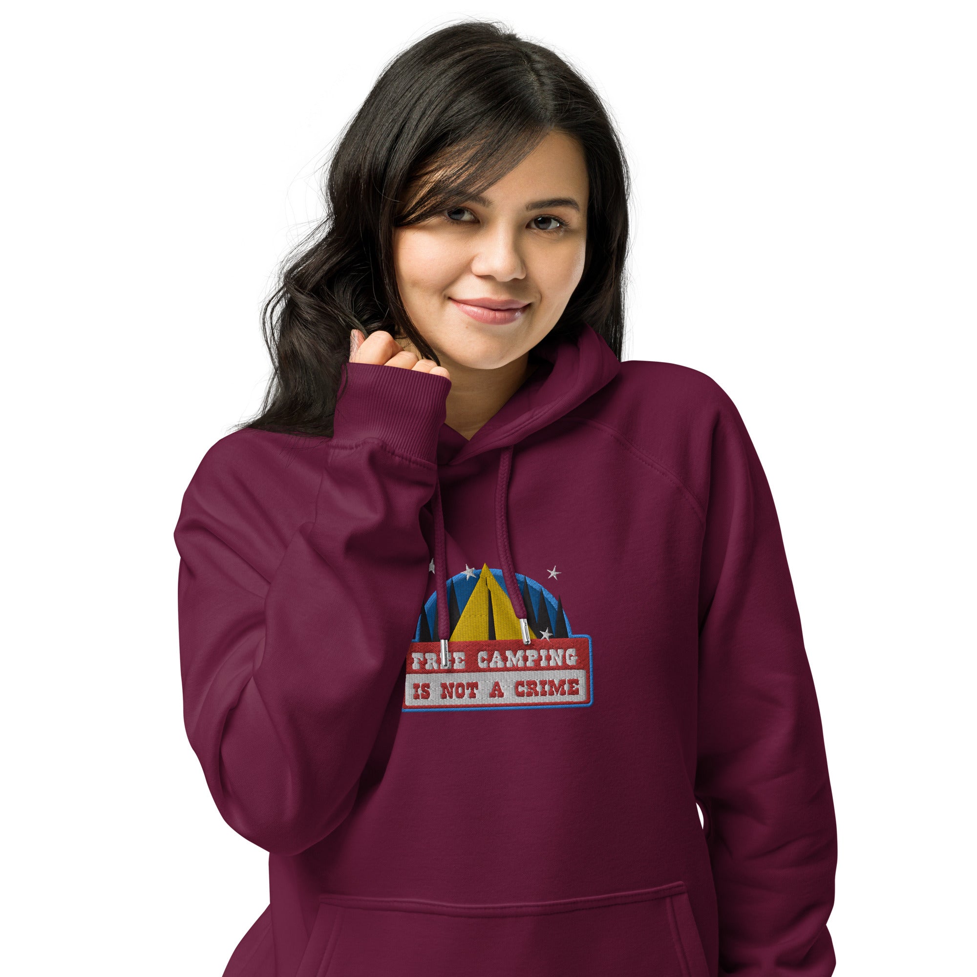 Unisex eco raglan hoodie Free camping is not a crime graphic multicolor embroidered pattern