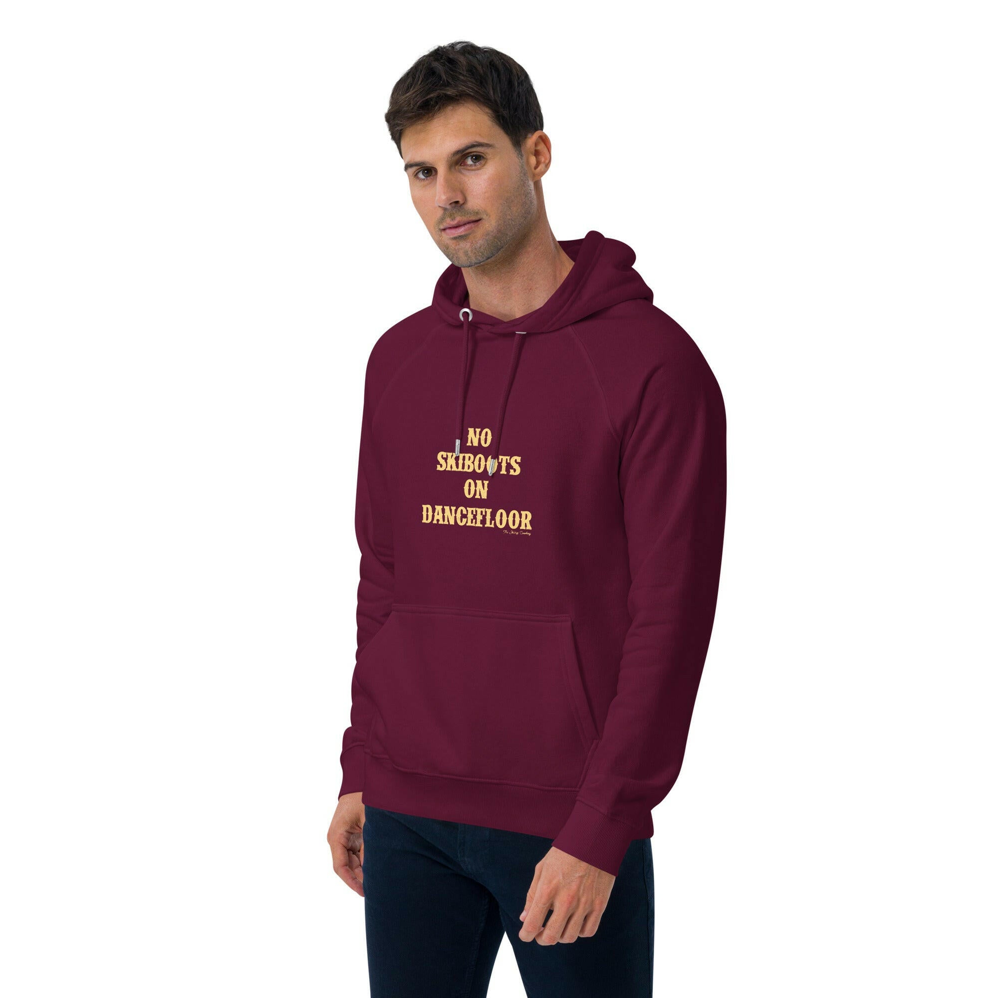 Unisex eco raglan hoodie No Skiboots on Dancefloor on dark colors