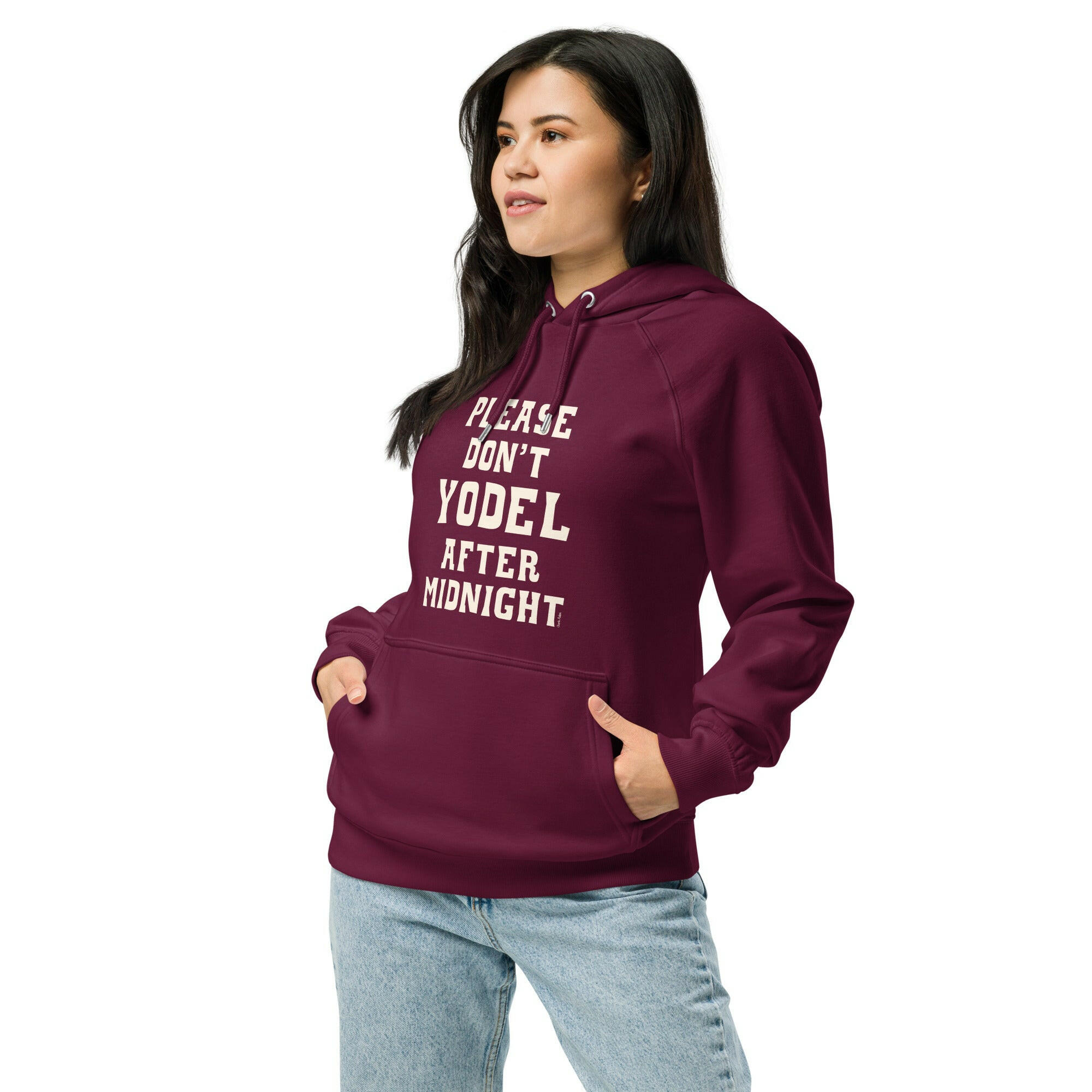 Unisex eco raglan hoodie Don't Yodel After Midnight on dark colors