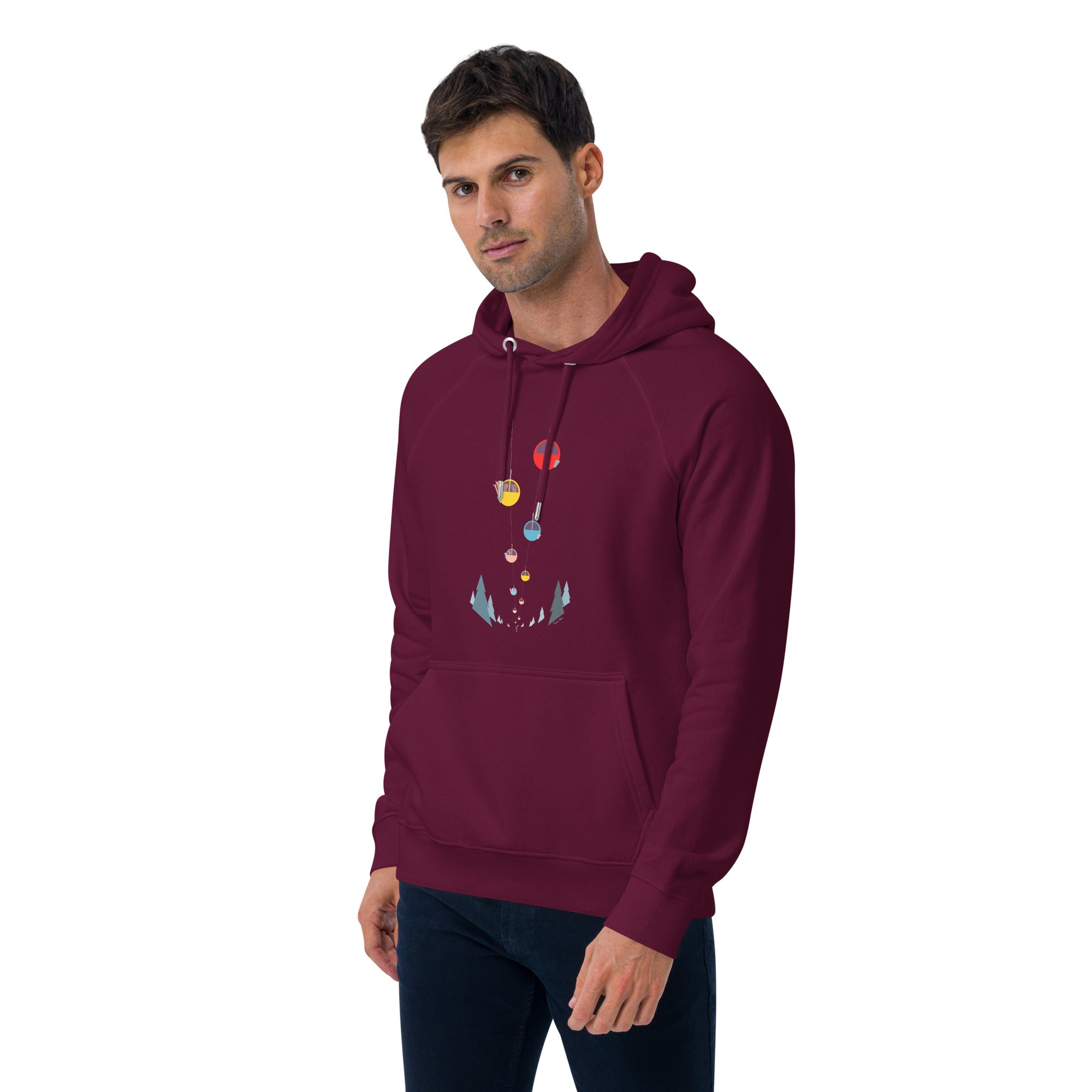 Unisex eco raglan hoodie Gondolas in the mist