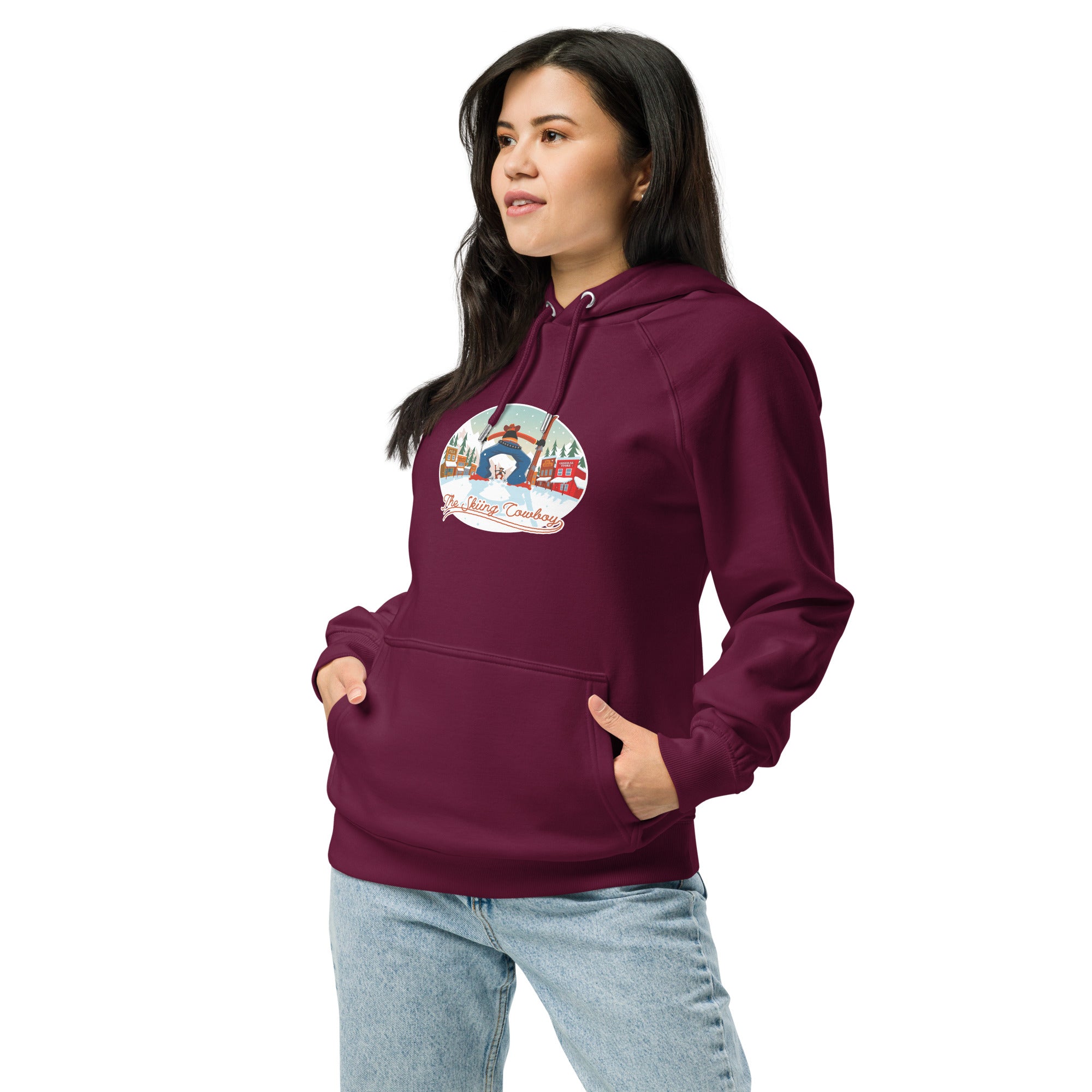 Unisex eco raglan hoodie Skiing Duel (front & back)