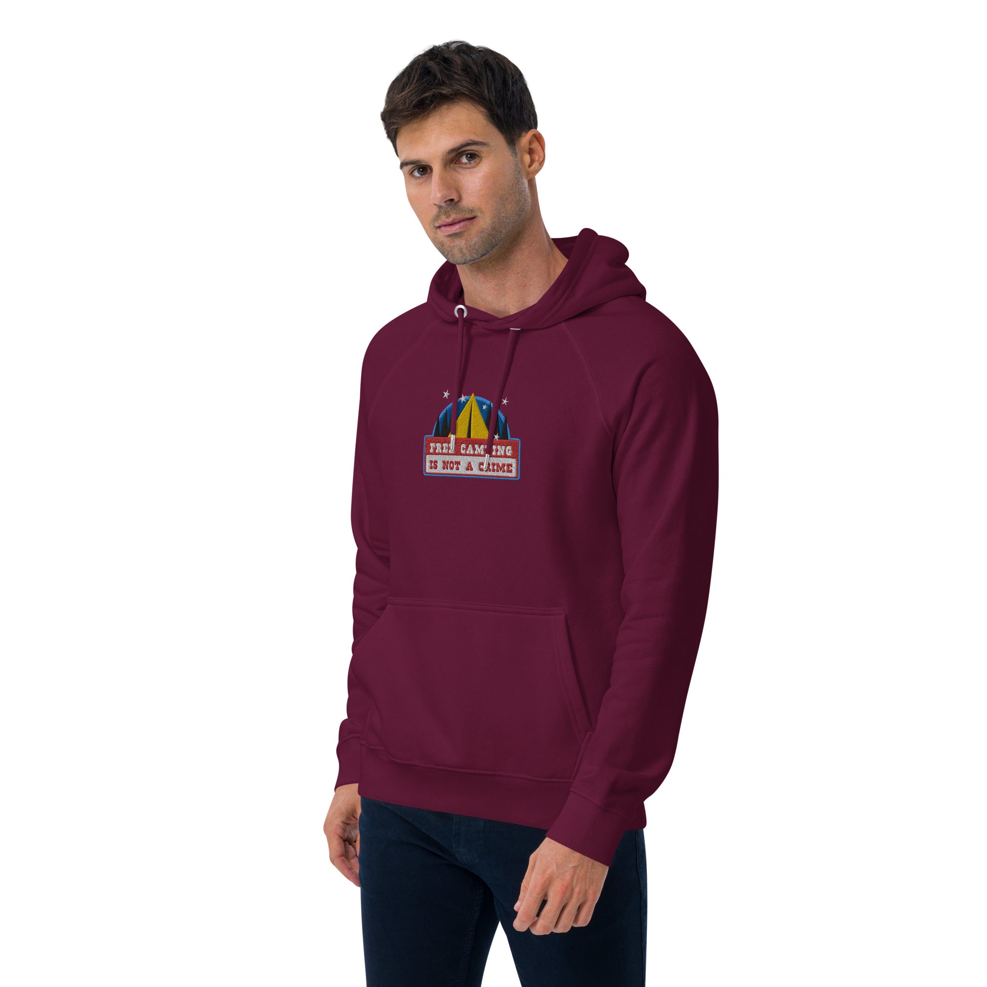 Unisex eco raglan hoodie Free camping is not a crime graphic multicolor embroidered pattern