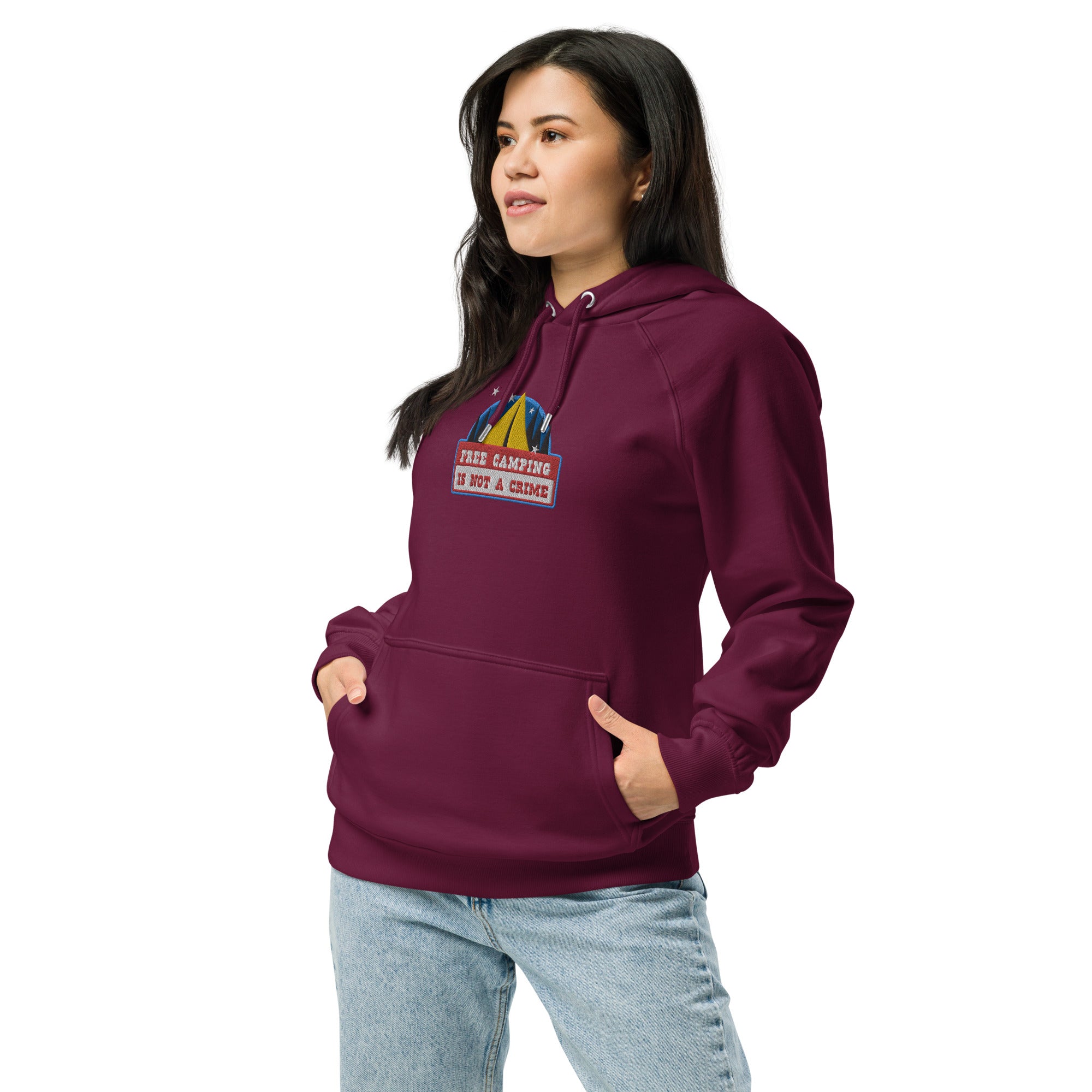 Unisex eco raglan hoodie Free camping is not a crime graphic multicolor embroidered pattern