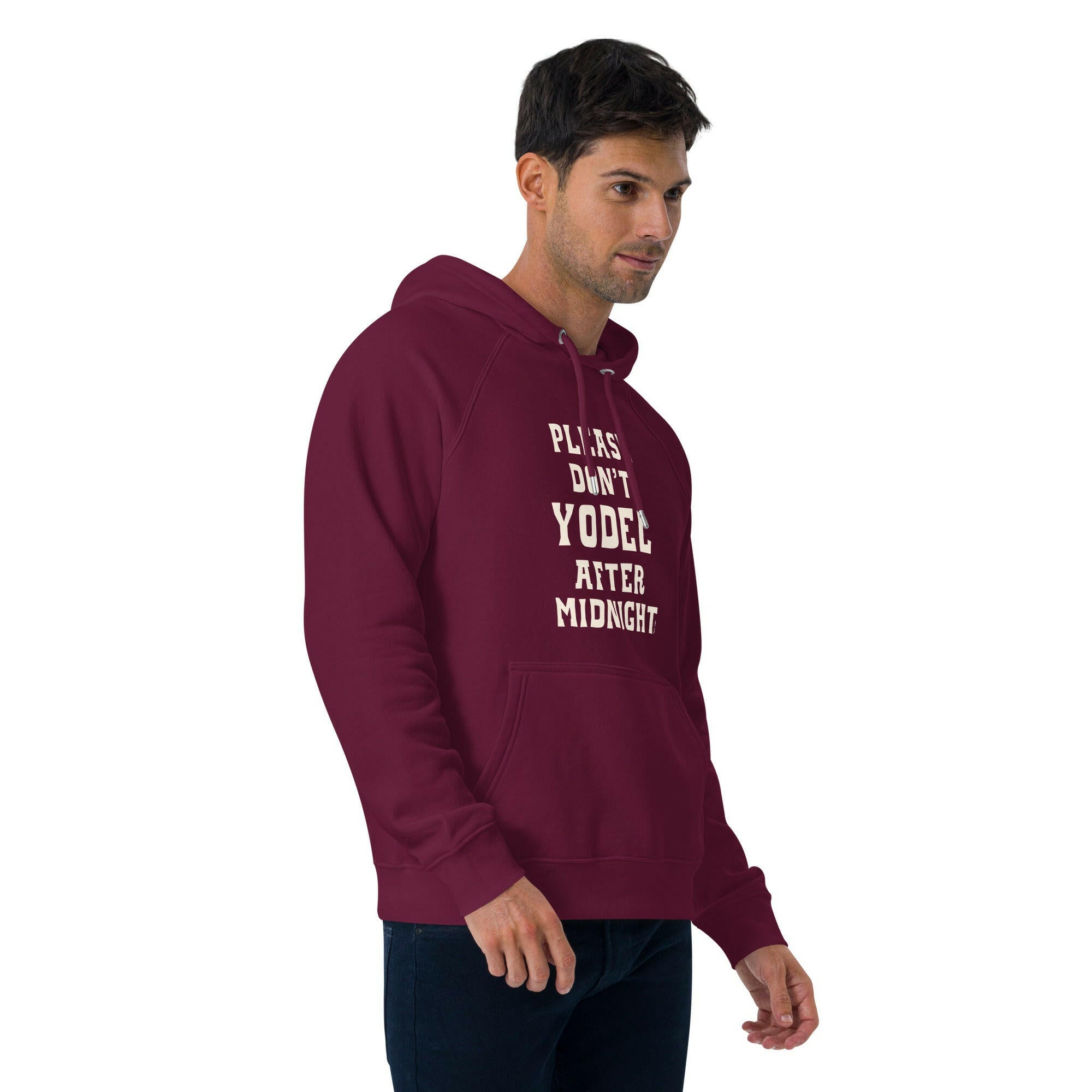 Unisex eco raglan hoodie Don't Yodel After Midnight on dark colors