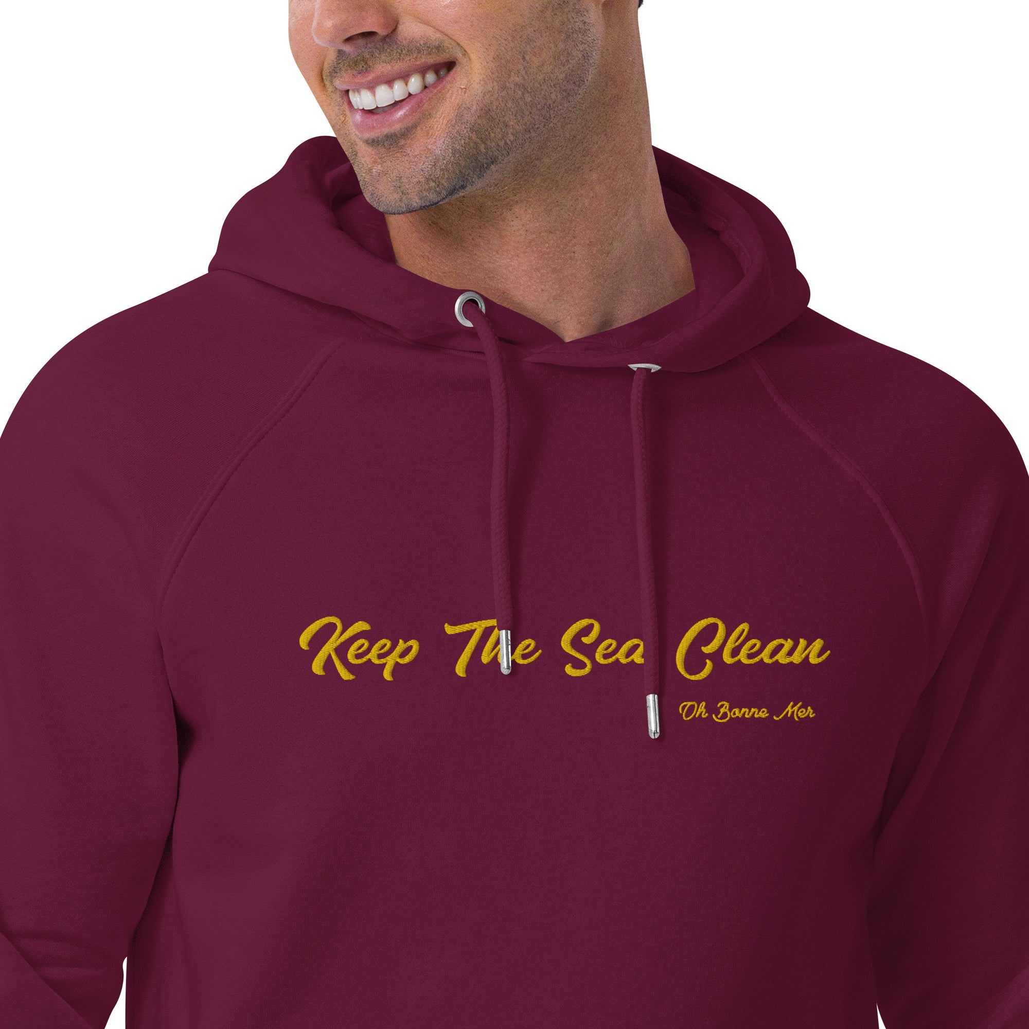 Unisex eco raglan hoodie Keep The Sea Clean large gold embroidered pattern