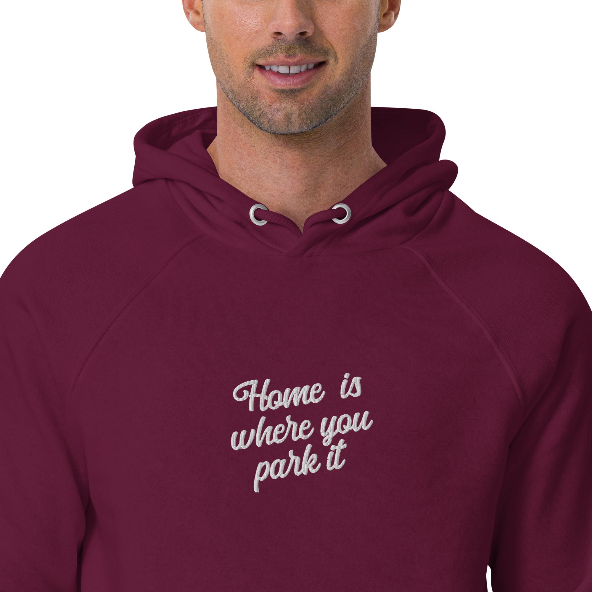 Sweat à capuche écologique Raglan unisexe Square Vintage Campers Home is where you park it brodé blanc