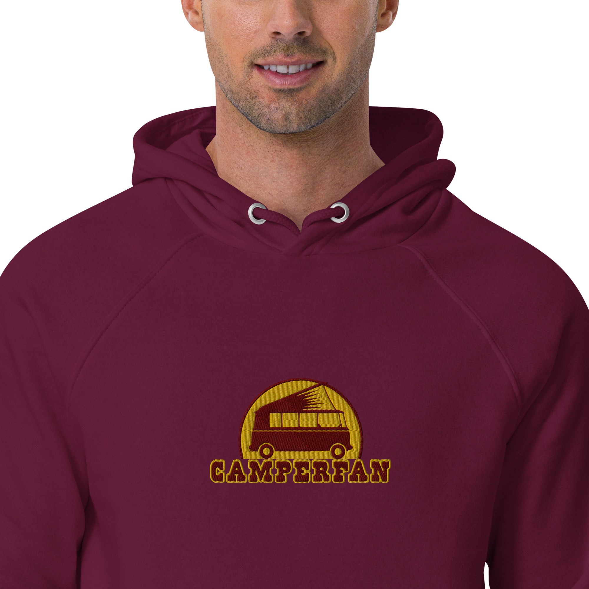 Unisex eco raglan hoodie maroon/gold embroidered pattern